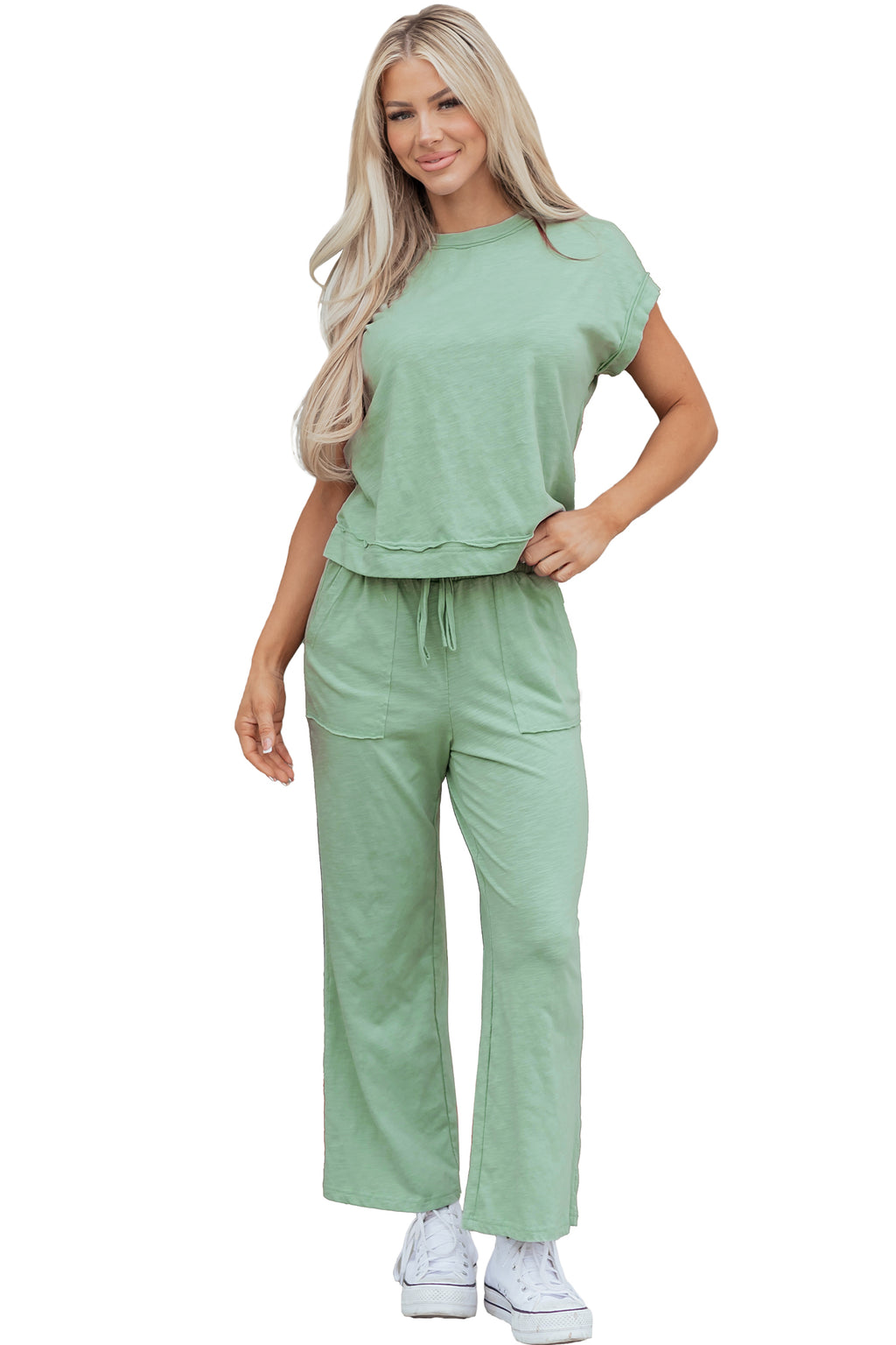 Canton Cuffed Short Sleeve Tee Raw Seam Patch Pocket Drawstring Pants Set 🇺🇸