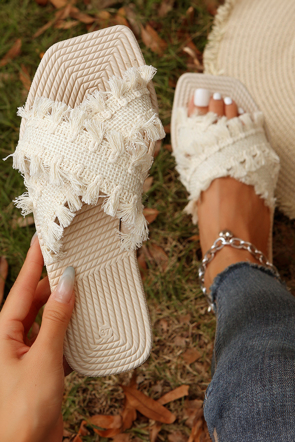 Beige Tassel Woven Crossed Straps Flat Slippers 🇨🇳