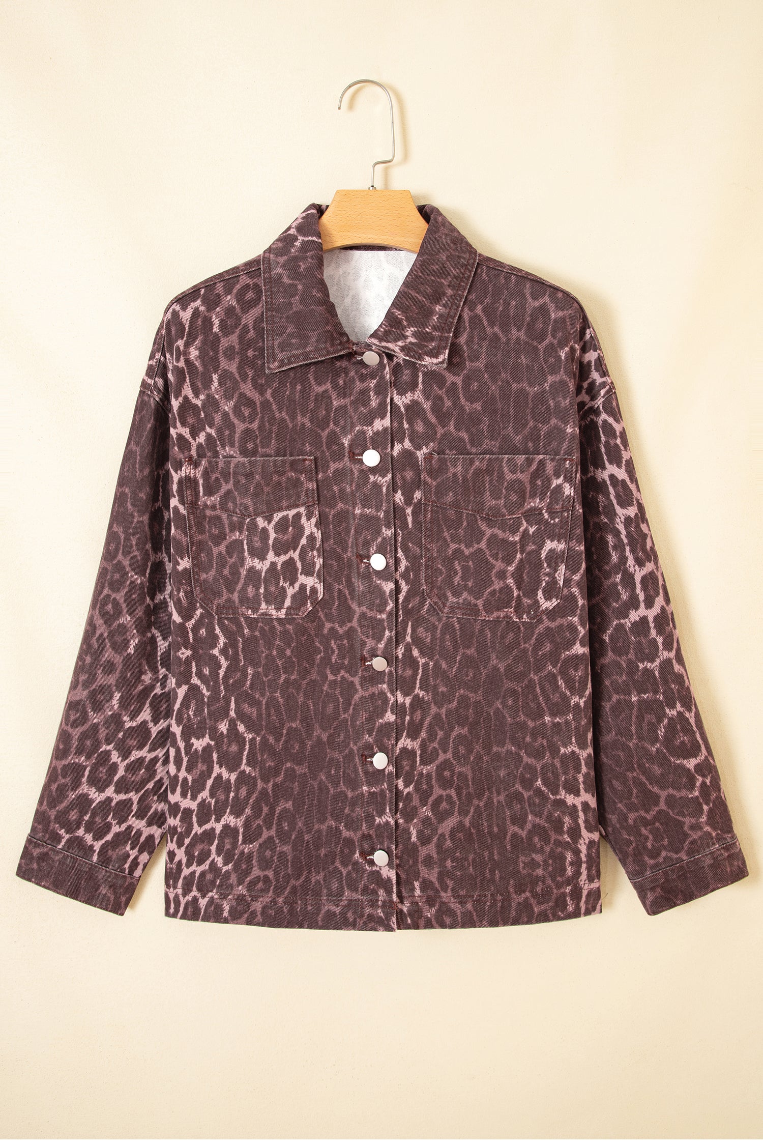 Khaki Oversized Leopard Print Long Sleeve Patch Pocket Denim Jacket 🇺🇸