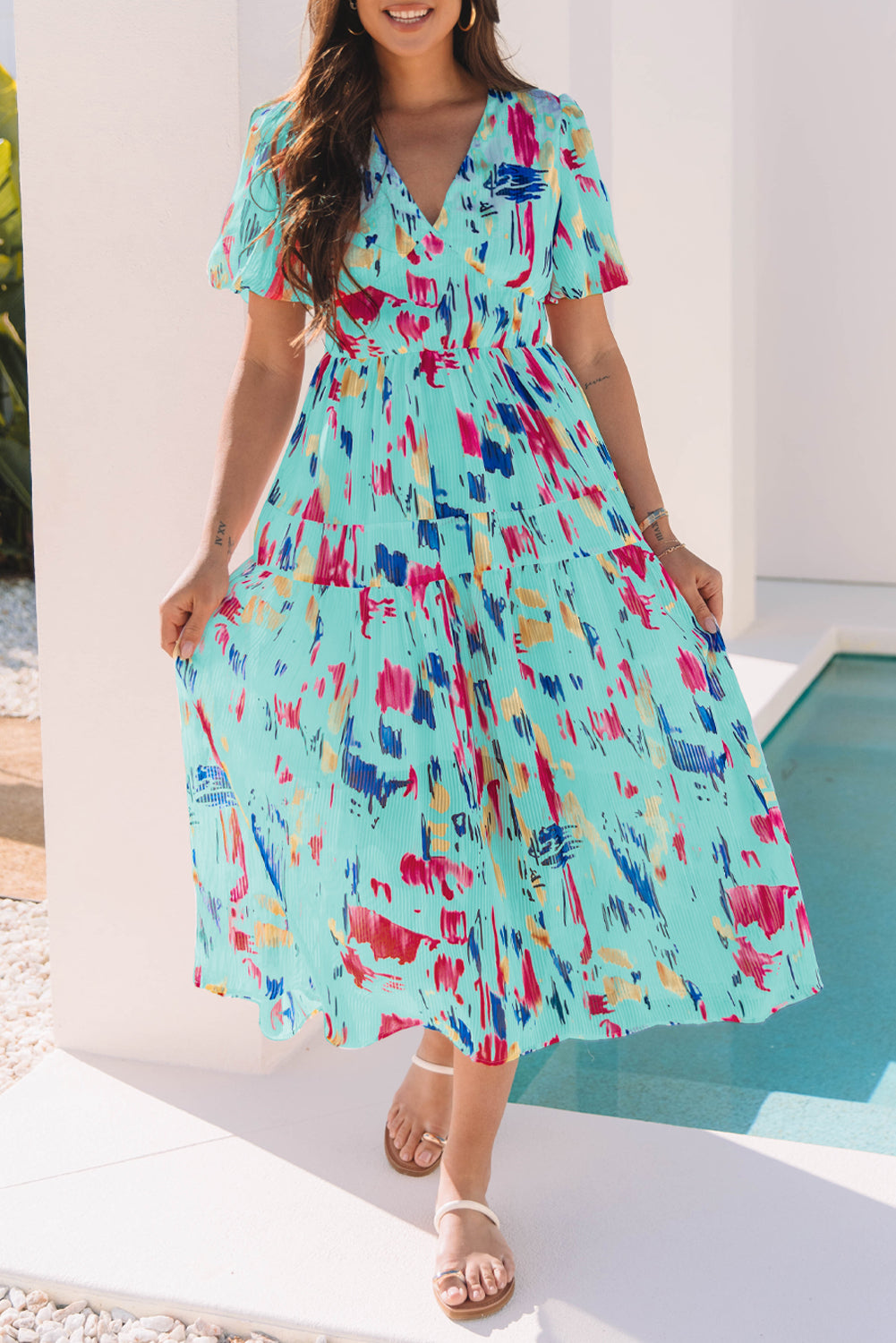 Sky Blue Abstract Print Short Puff Sleeve Tiered Maxi Dress 🇨🇳