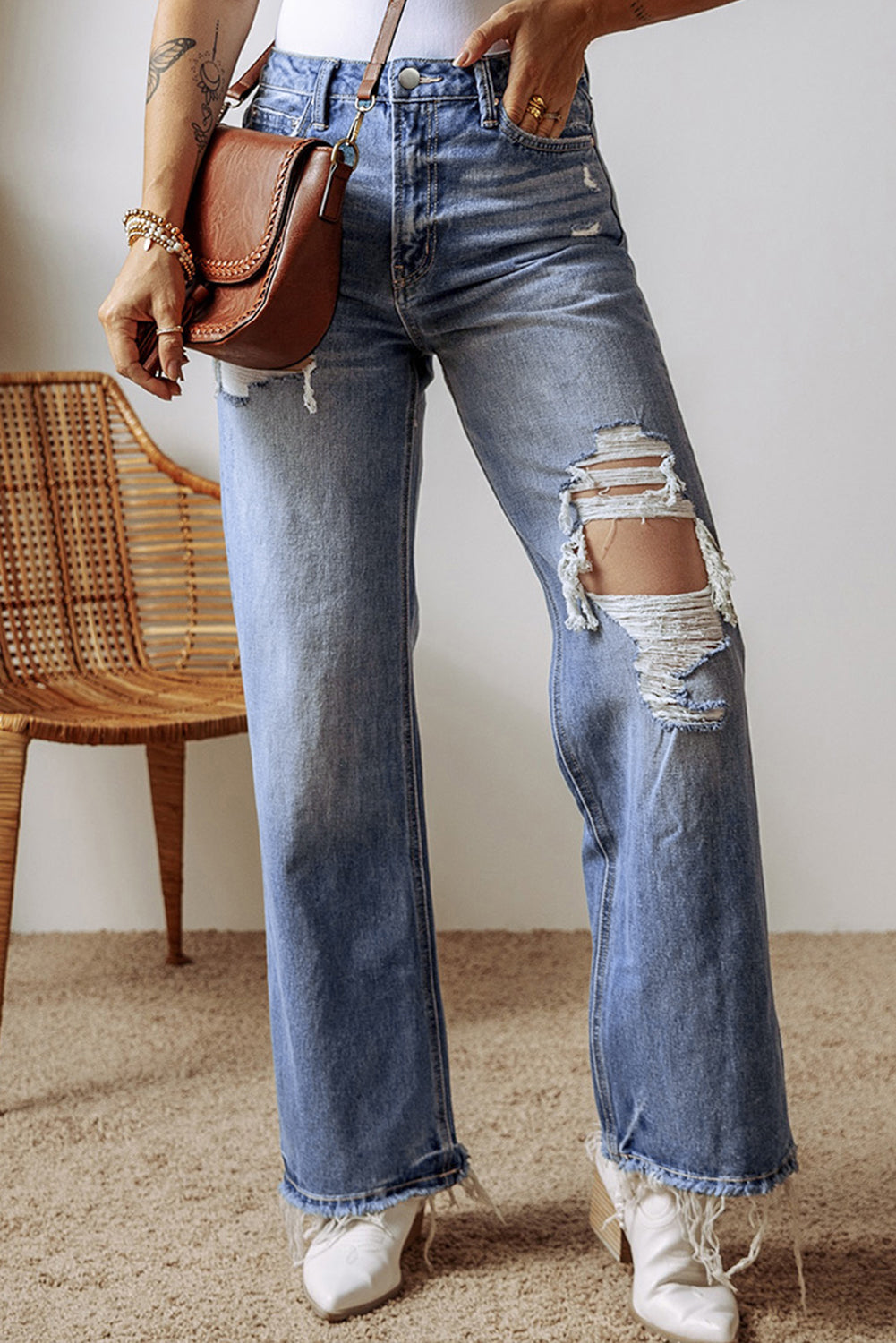 Ashleigh Blue Distressed Raw Hem Straight Leg High Waist Jeans 🇨🇳