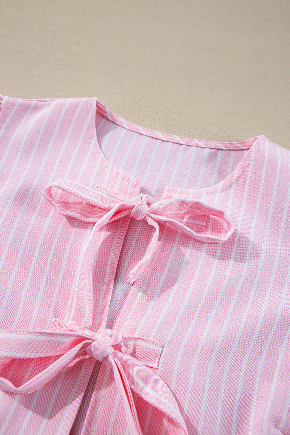 Pink Stripe Bowknot Front Crew Neck Puff Sleeve Blouse 🇺🇸