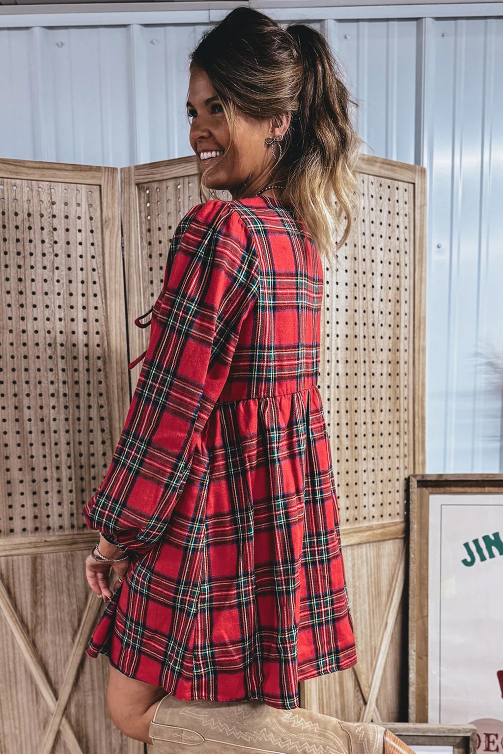 Red Plaid Tie Front Long Sleeve Short Shift Dress 🇺🇸