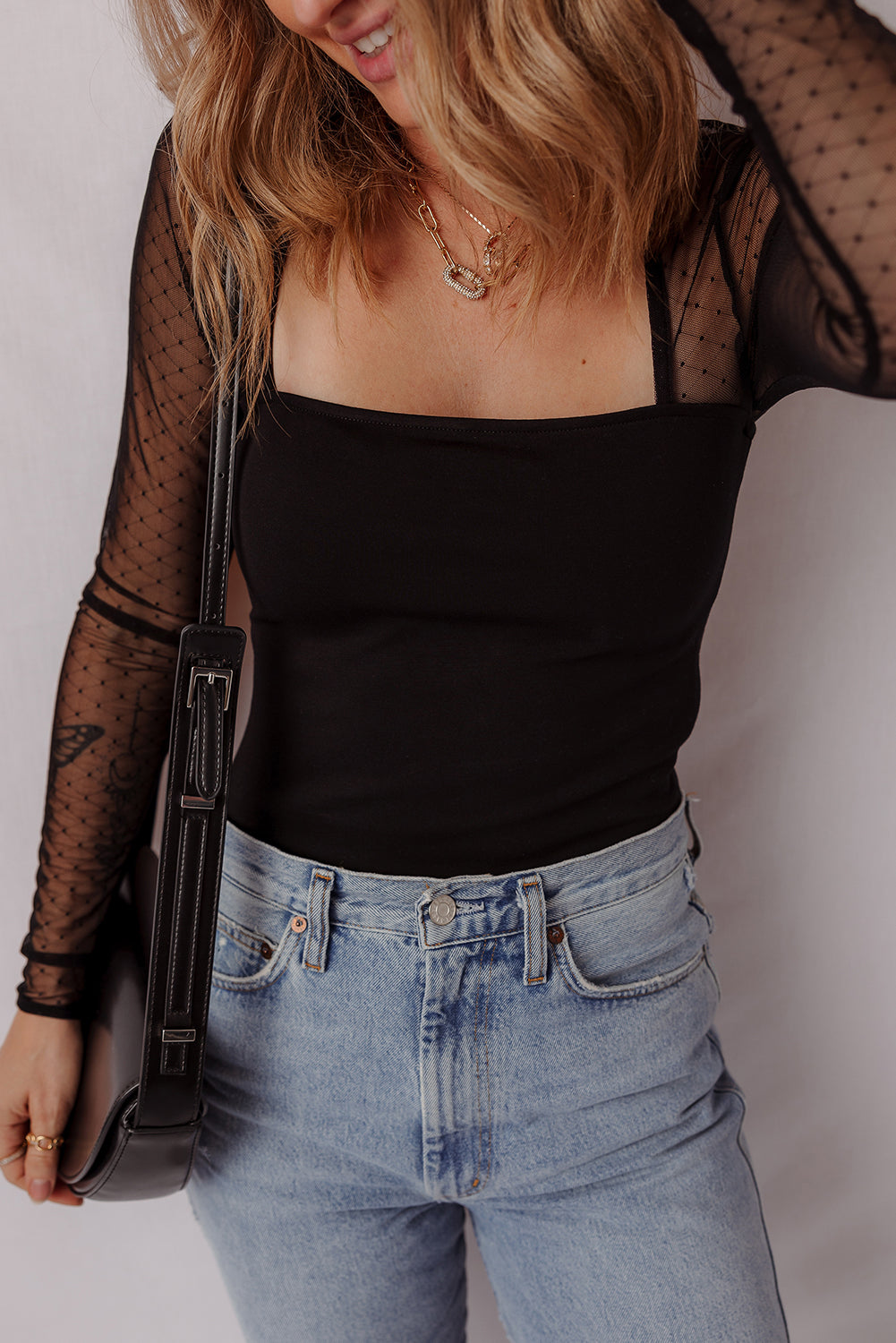 Black Polka Dot Mesh Long Sleeve Square Neck Bodysuit 🇺🇸