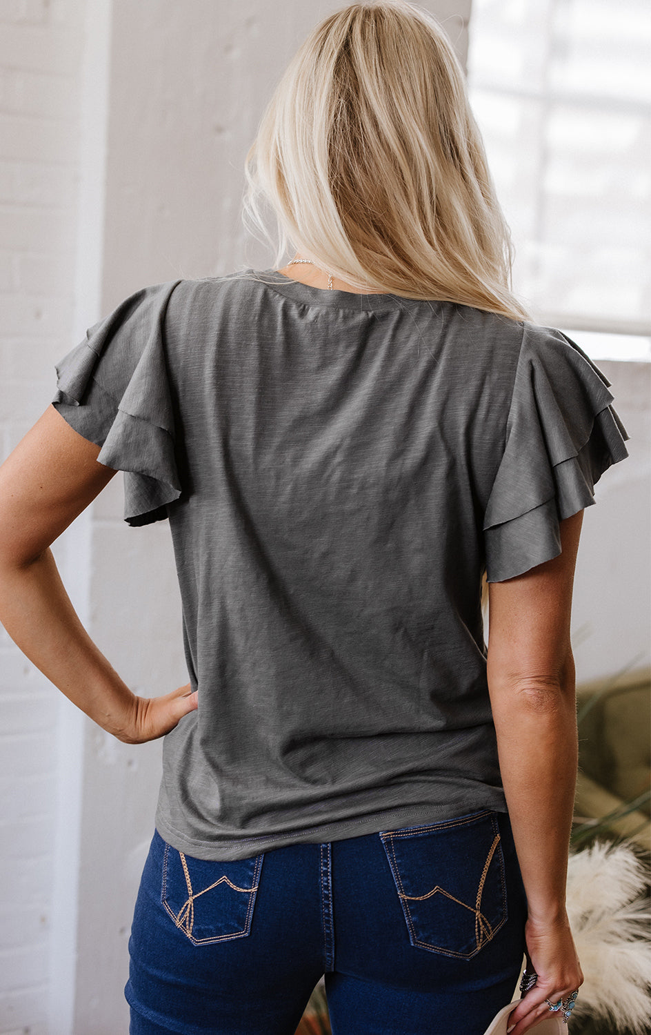 Dark Grey Layered Ruffle Short Sleeve Round Neck Top 🇨🇳