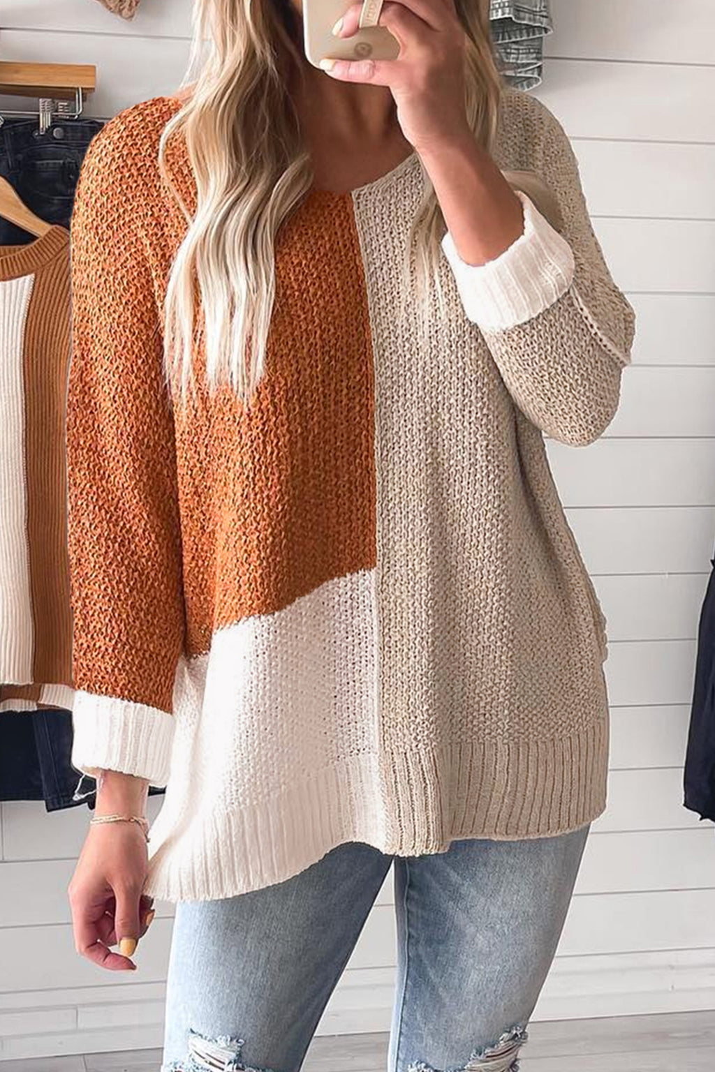 Chestnut Color Block Knit V Neck Loose Sweater 🇺🇸