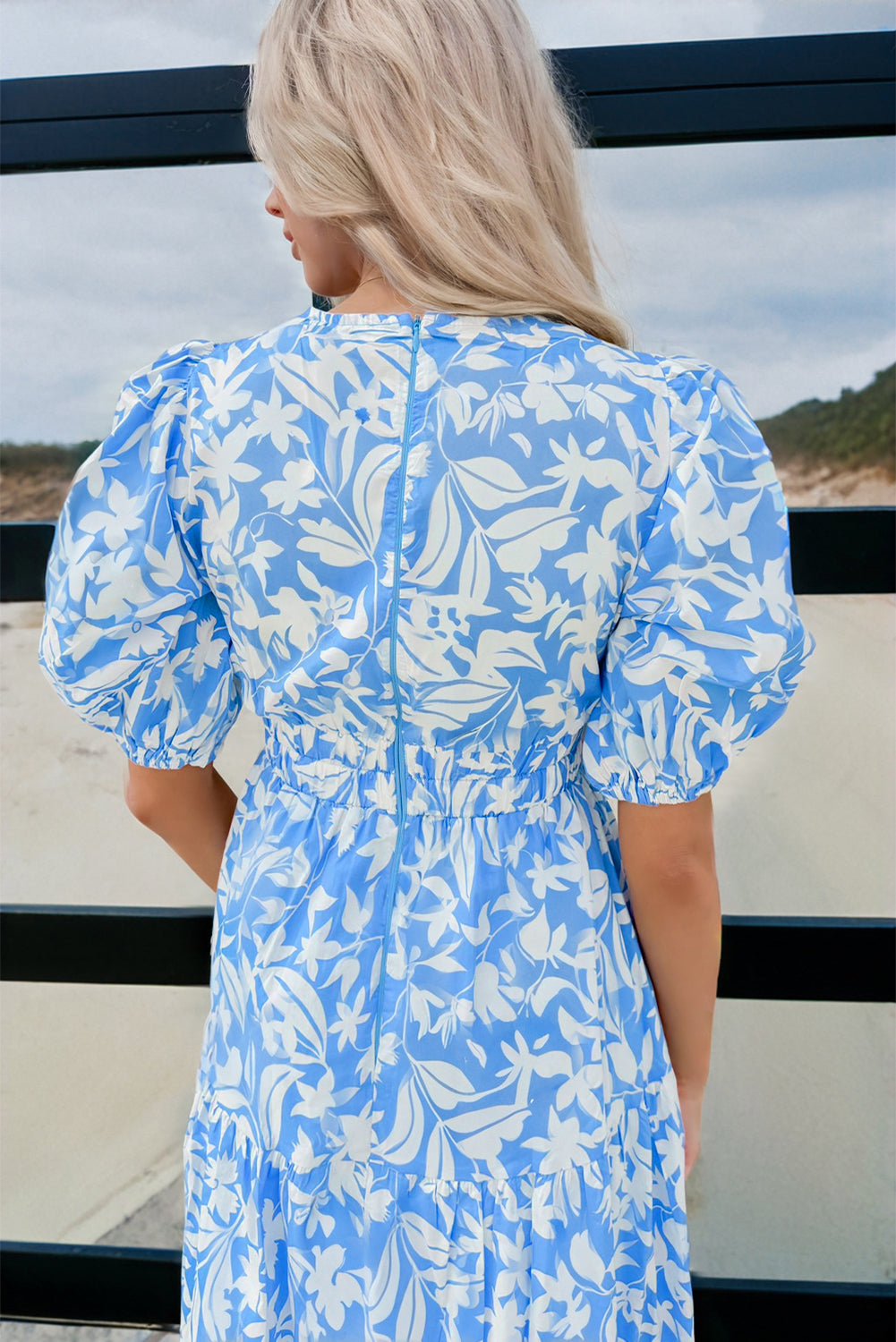 Sky Blue Floral V Neck Puff Short Sleeve Flowy Long Dress 🇺🇸