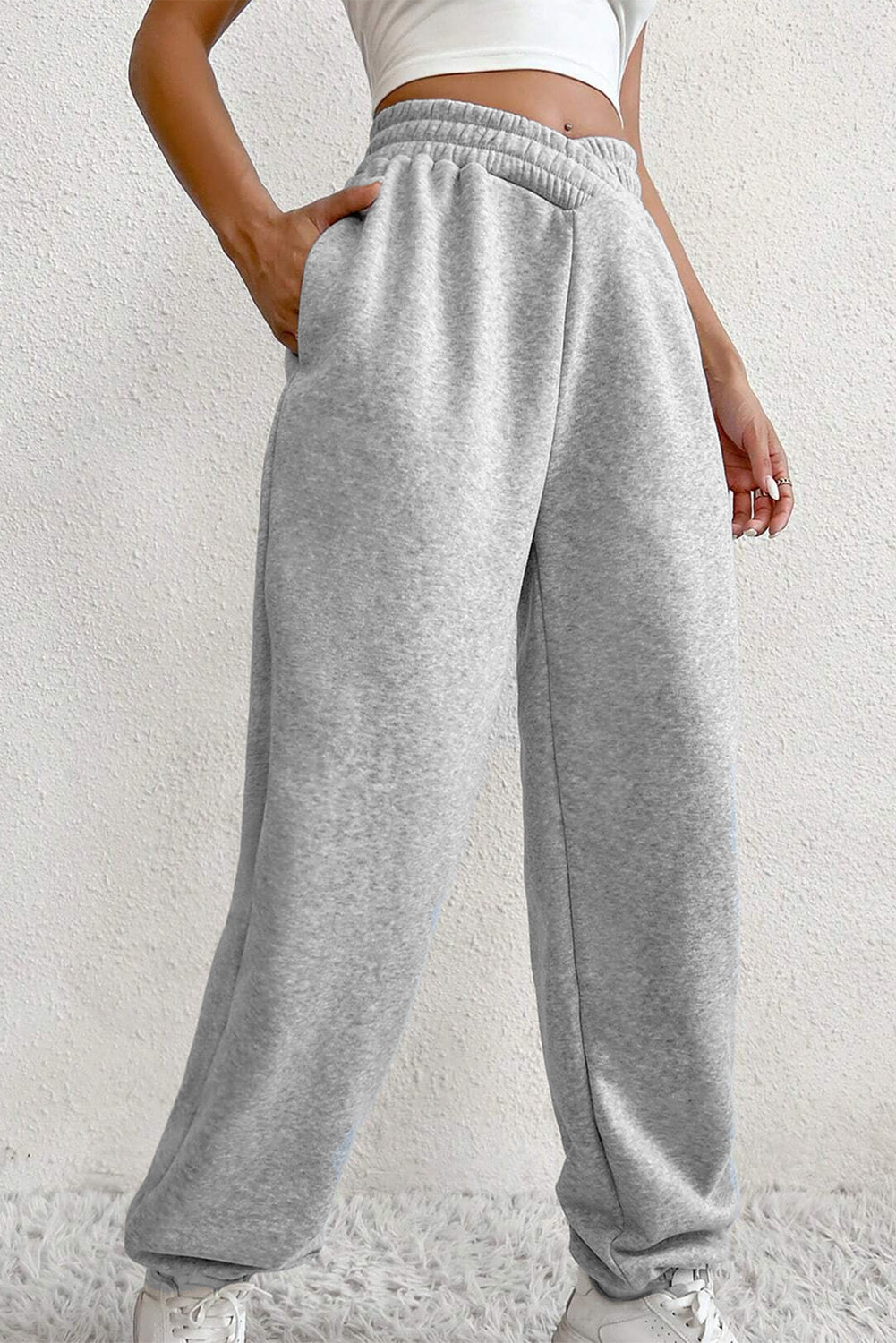 Light Grey Solid Color Crisscross Elastic Waist Sweatpants 🇺🇸