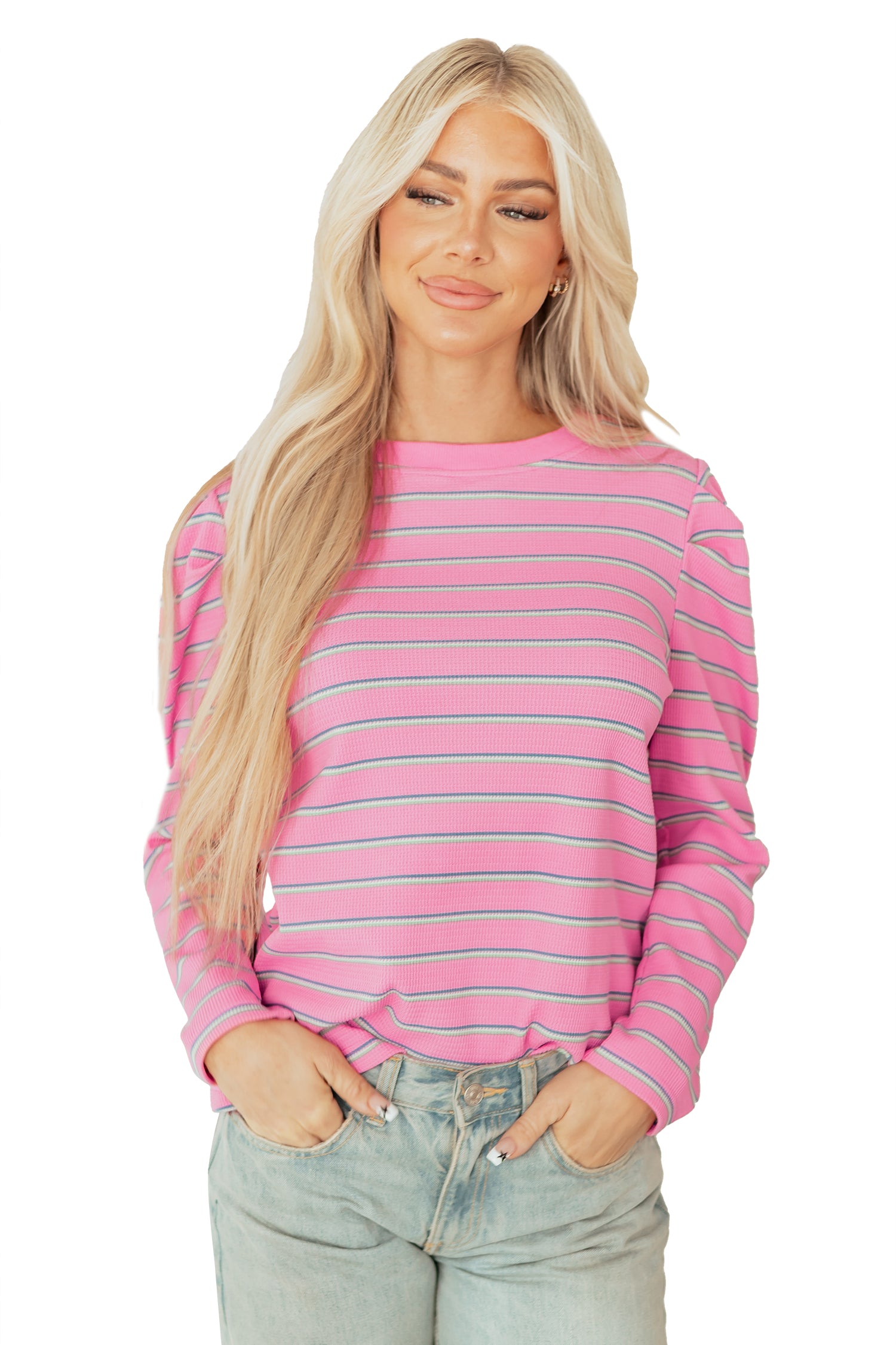 Rose Stripe Textured Knit Round Neck Long Sleeve Top 🇺🇸