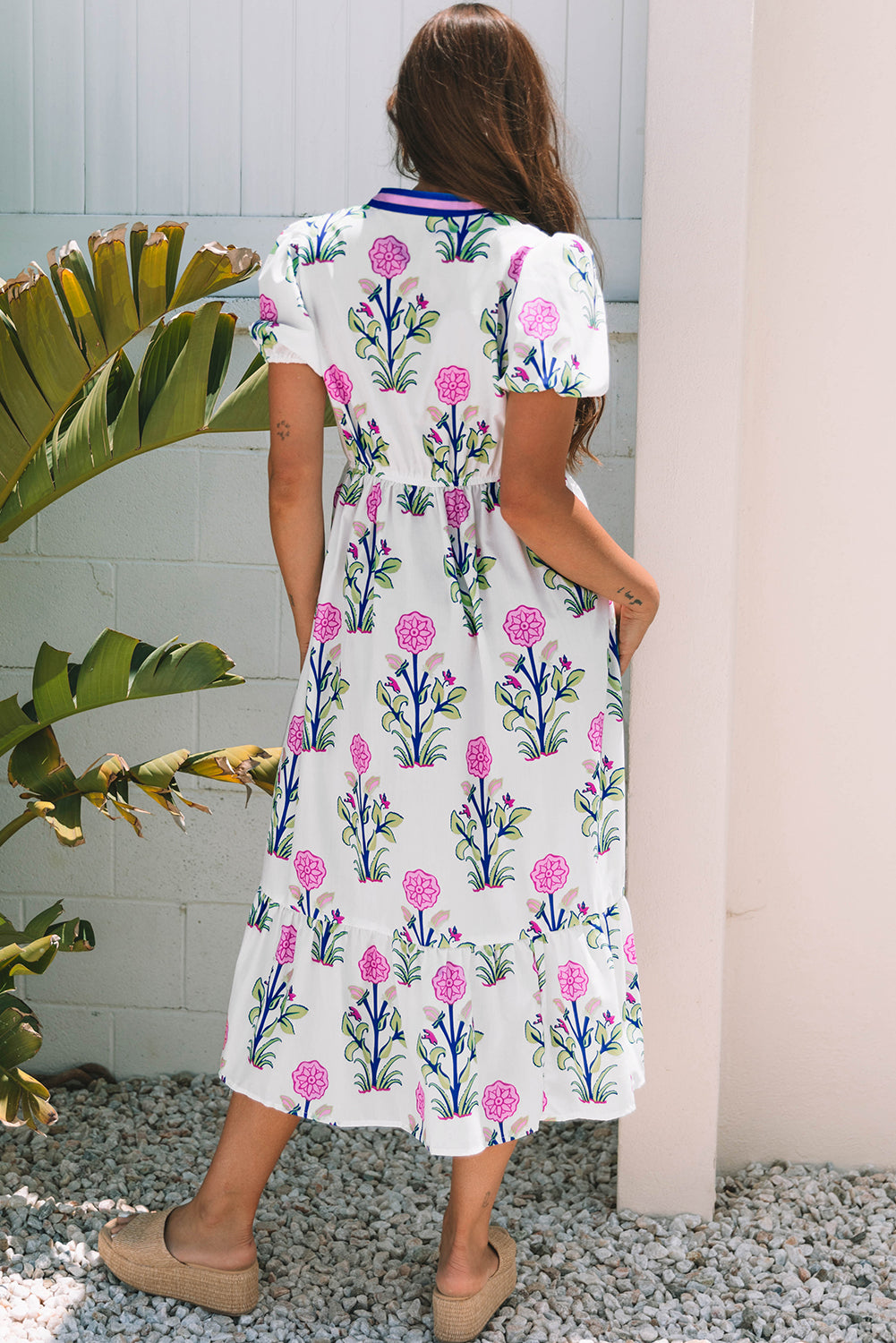 White Floral Puff Short Sleeve V Neck High Waist Maxi Dress 🇨🇳