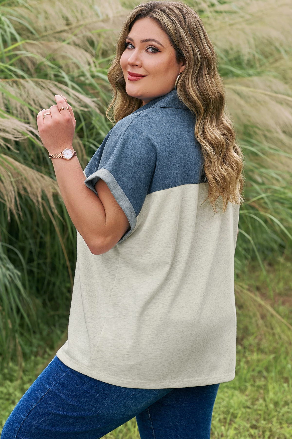 Light Grey Half Buttons Collared Denim Patchwork Plus Short Sleeve Top 🇺🇸