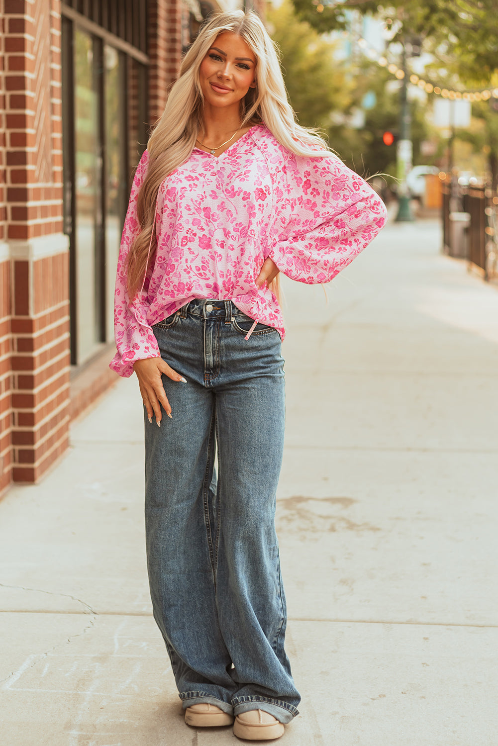 Pink Floral Puff Sleeve Split Neck Lightweight Blouse 🇺🇸