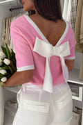 Bonbon Colorblock Bow V-Shape Cut Back Short Sleeve Sweater 🇨🇳