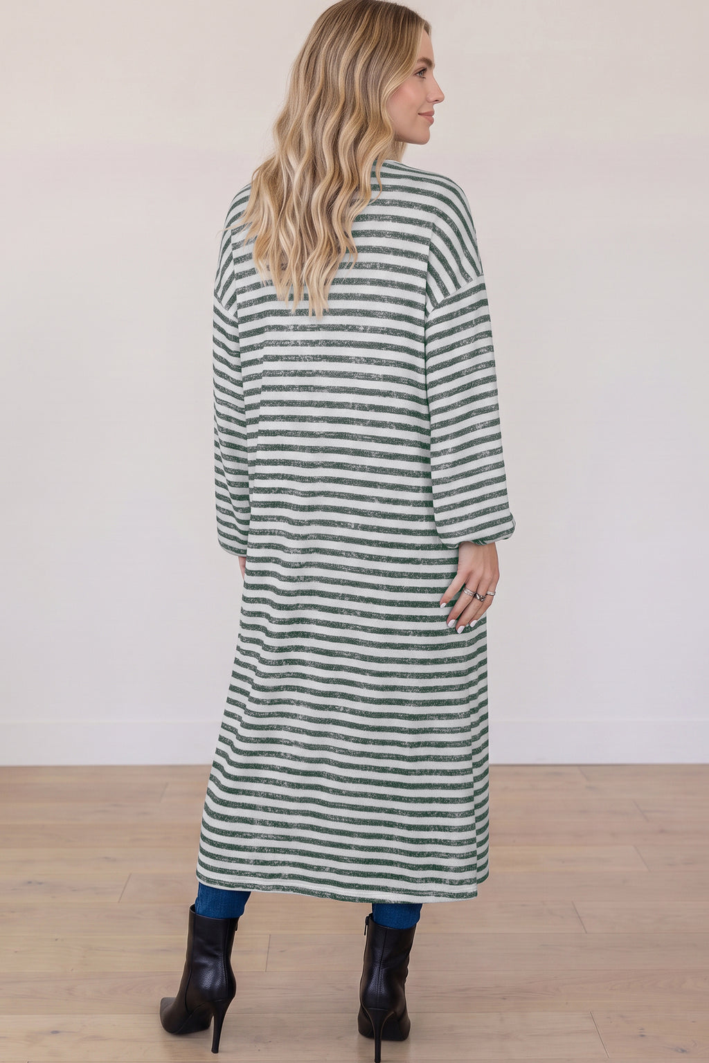 Khaki Stripe Long Puff Sleeve Open Front Oversized Long Cardigan 🇺🇸