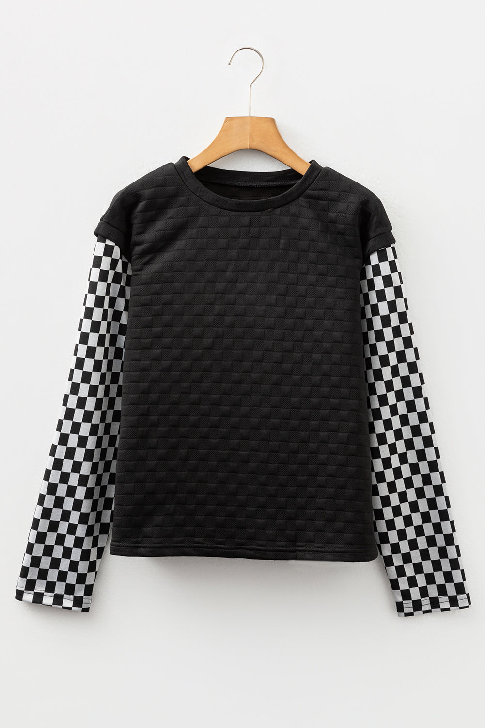 Black Plaid Textured Contrast Checkered Patchwork Long Sleeve Top 🇺🇸
