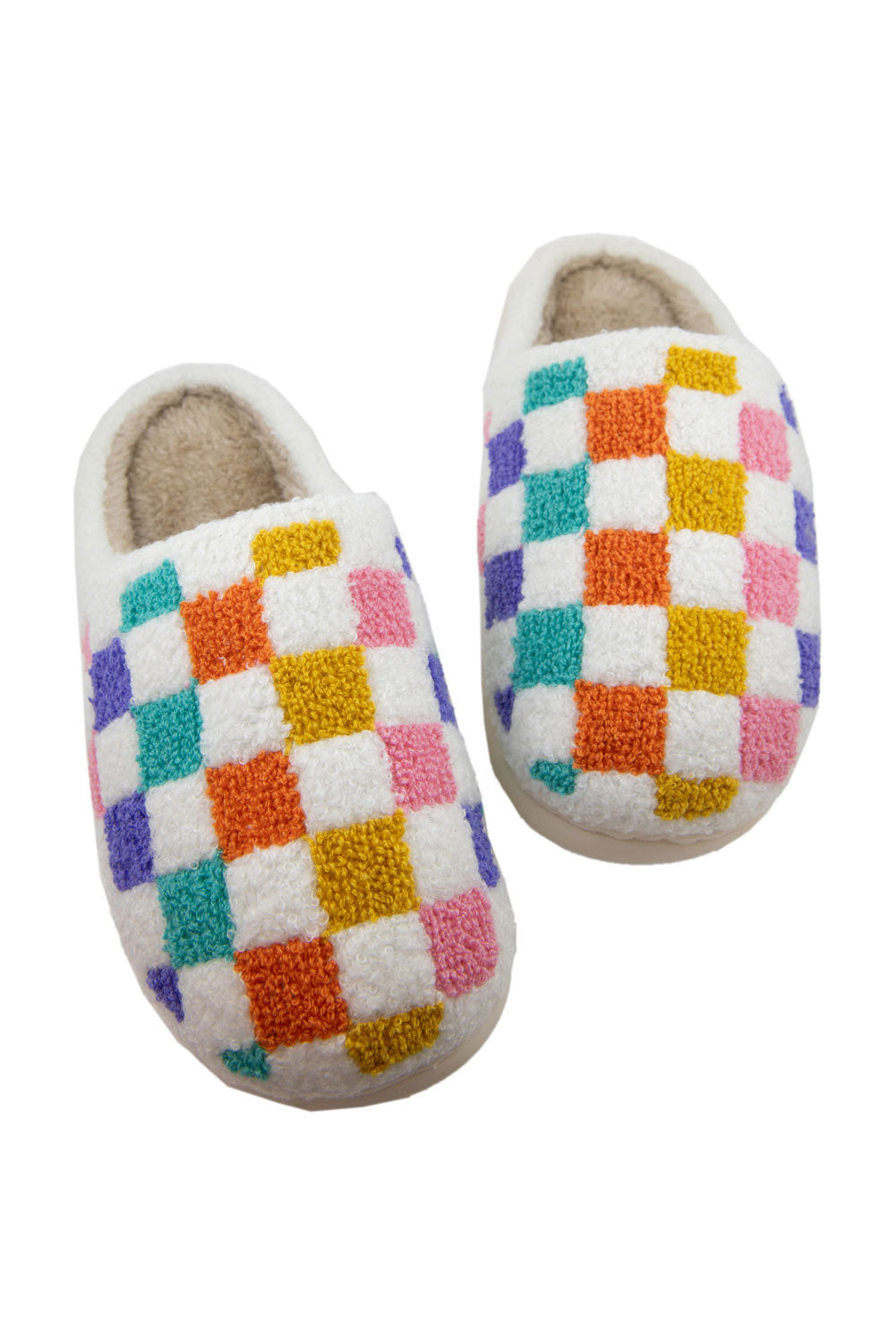 White Vibrant Checkered Plush Thermal Slippers 🇨🇳