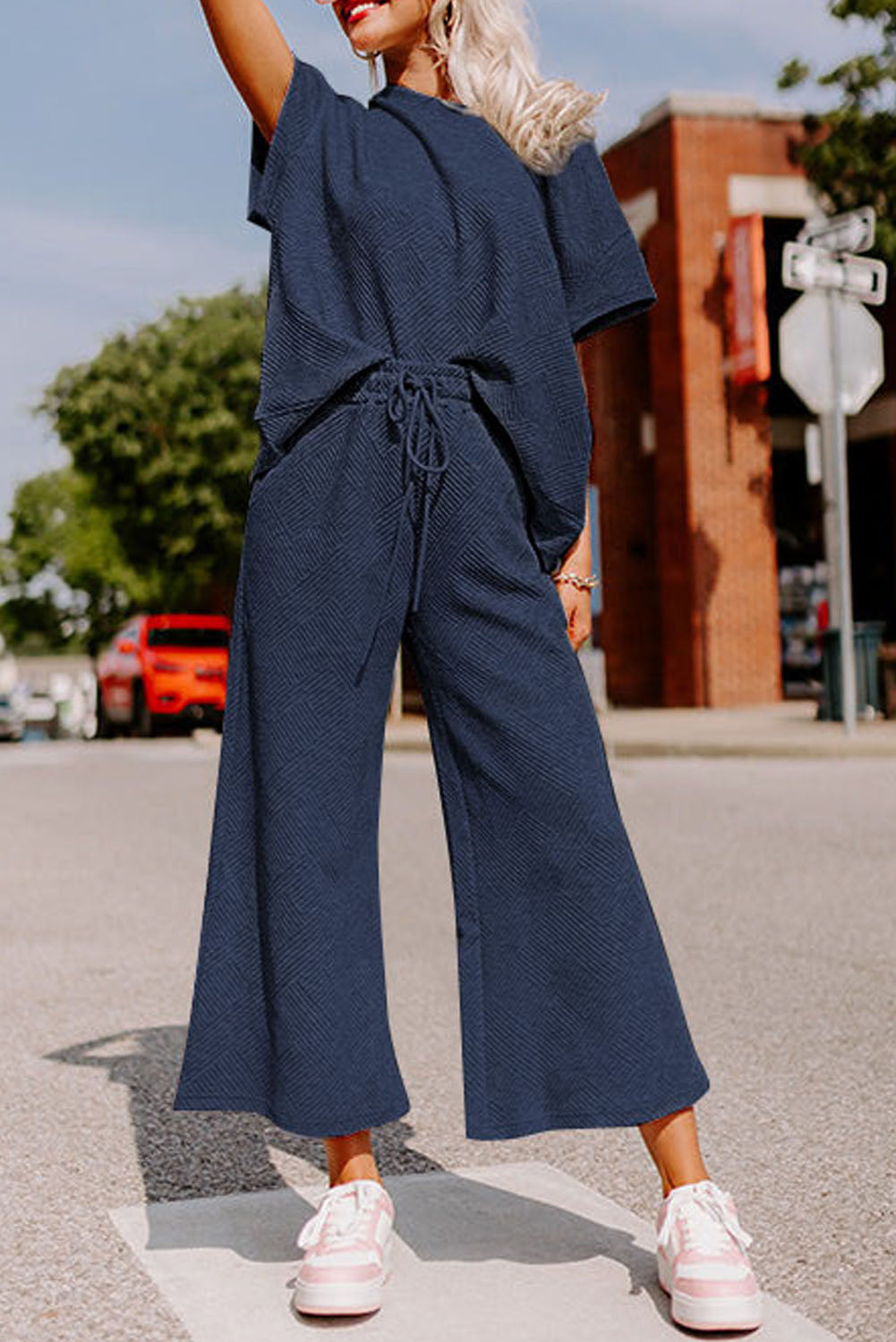 Navy Blue Textured Loose Fit T Shirt and Drawstring Pants Set 🇨🇳