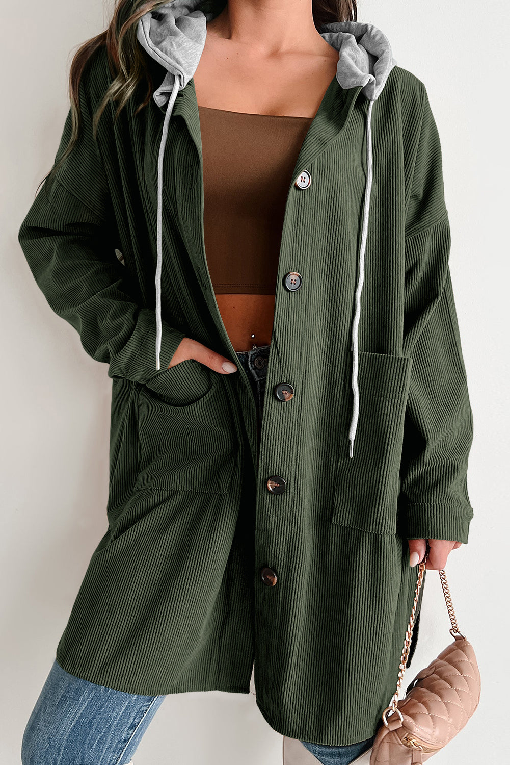 Jungle Green Oversized Corduroy Contrast Hooded Shacket 🇺🇲
