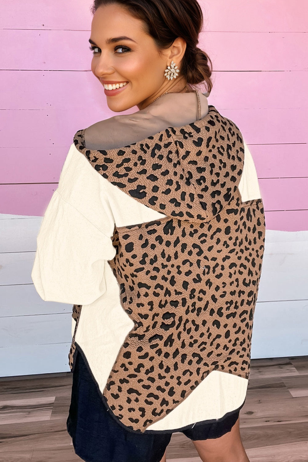 Brown Leopard Star Hooded Patchwork Contrast Piping Open Front Jacket 🇺🇸