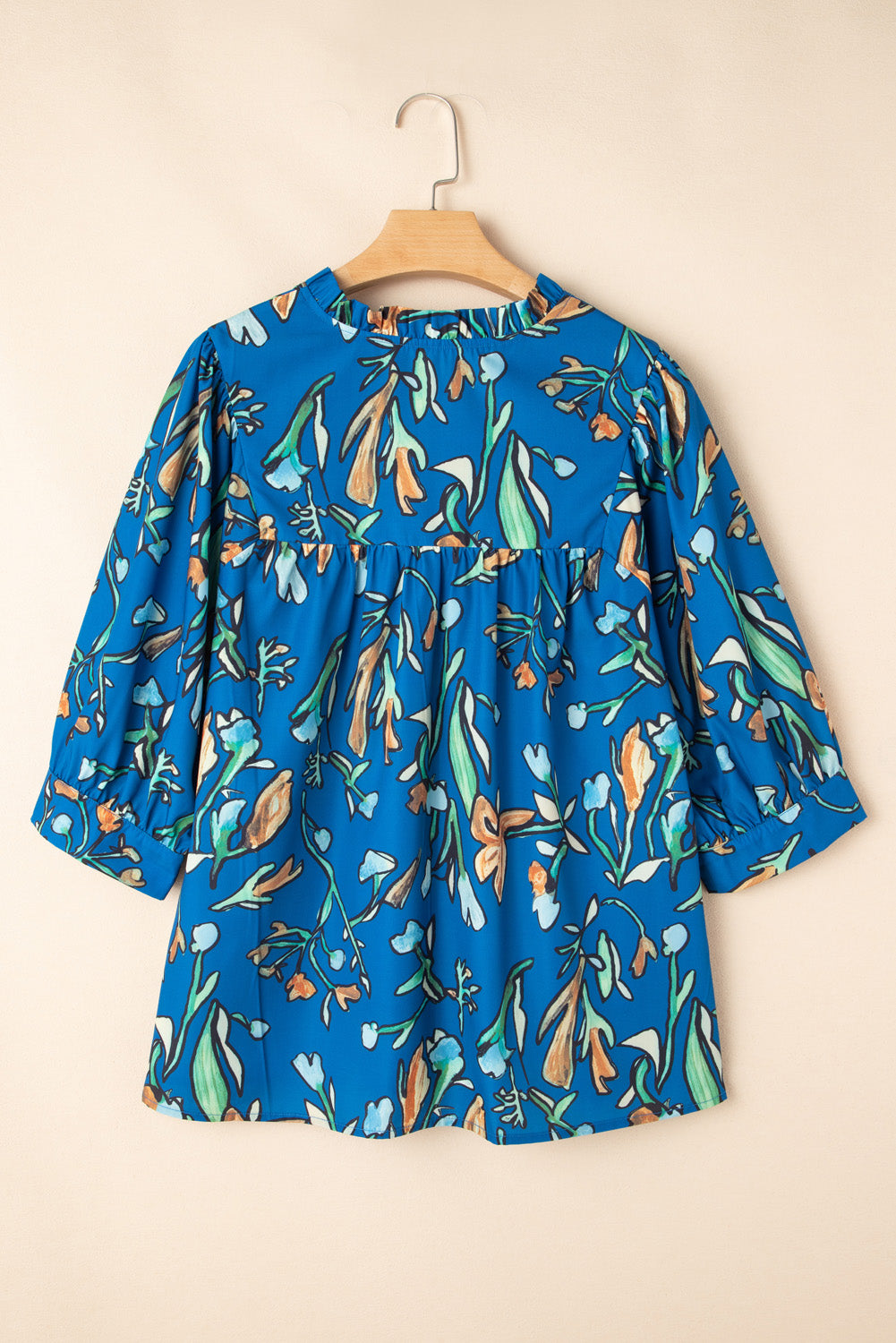 Blue Floral Notched V Neck Half Sleeve Plus Size Blouse 🇨🇳
