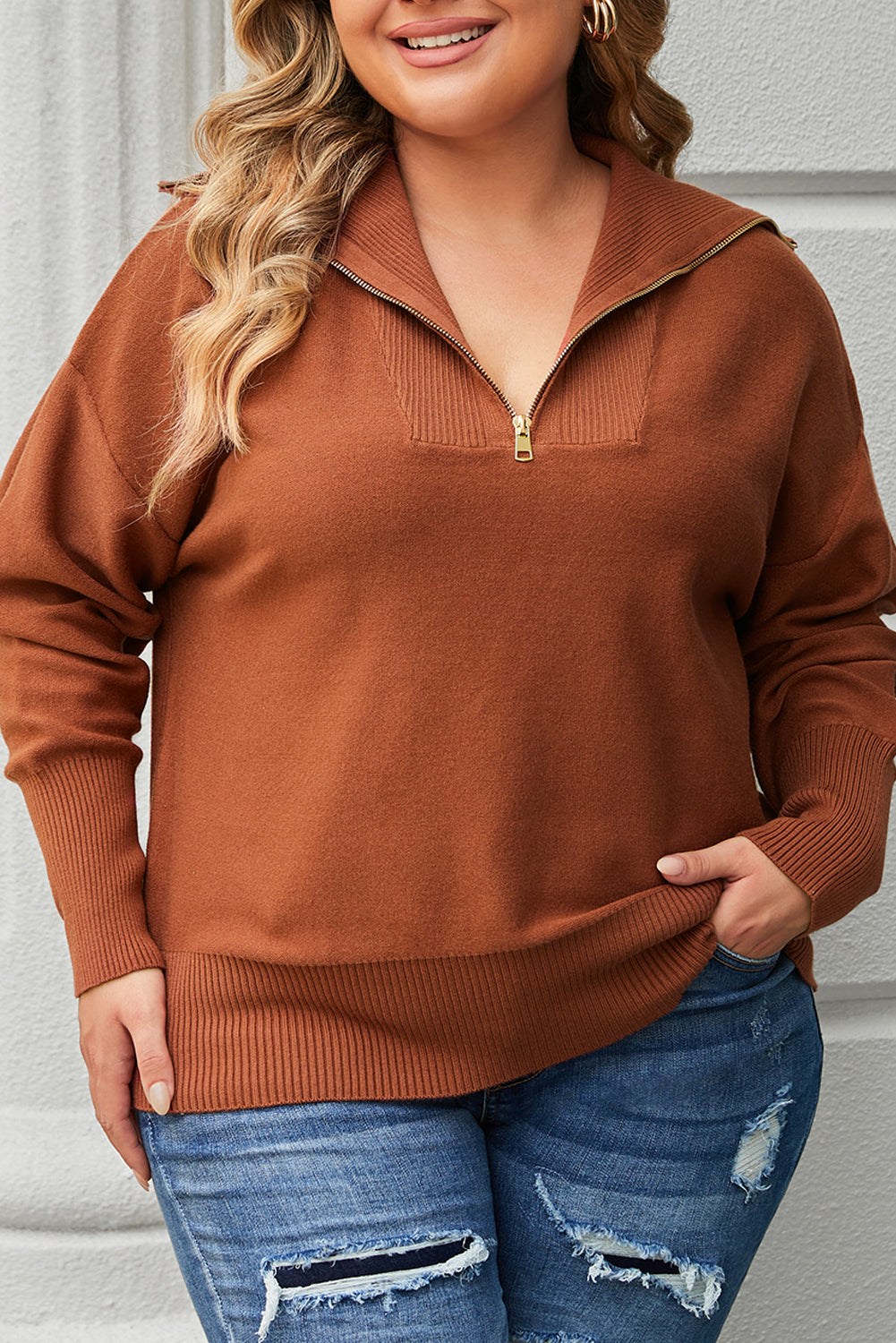 Brown Solid Ribbed Trim Plus Size Zip Collar Sweater 🇺🇸