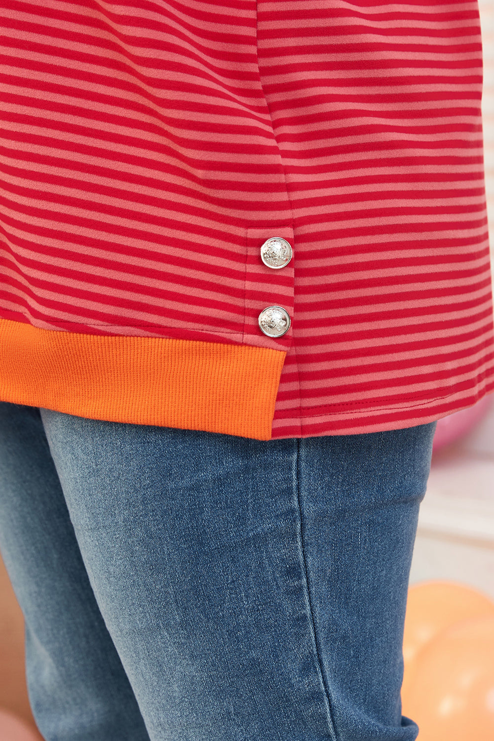 Orange Stripe Plus Size Drop Shoulder Long Sleeve Buttoned Decor Top 🇨🇳