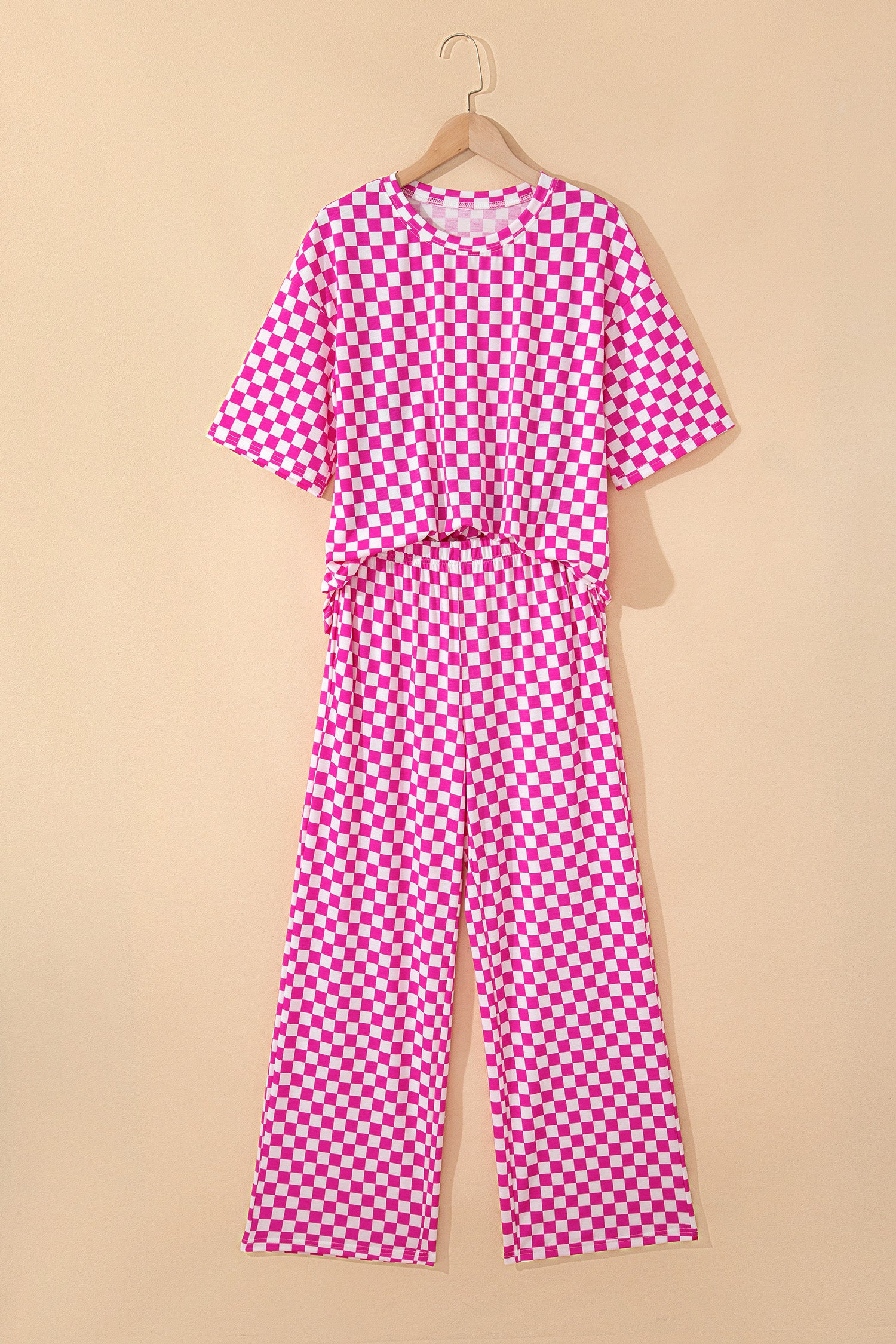 Rose Checkered Print Half Sleeve Tee 2pcs Lounge Pant Set 🇺🇸