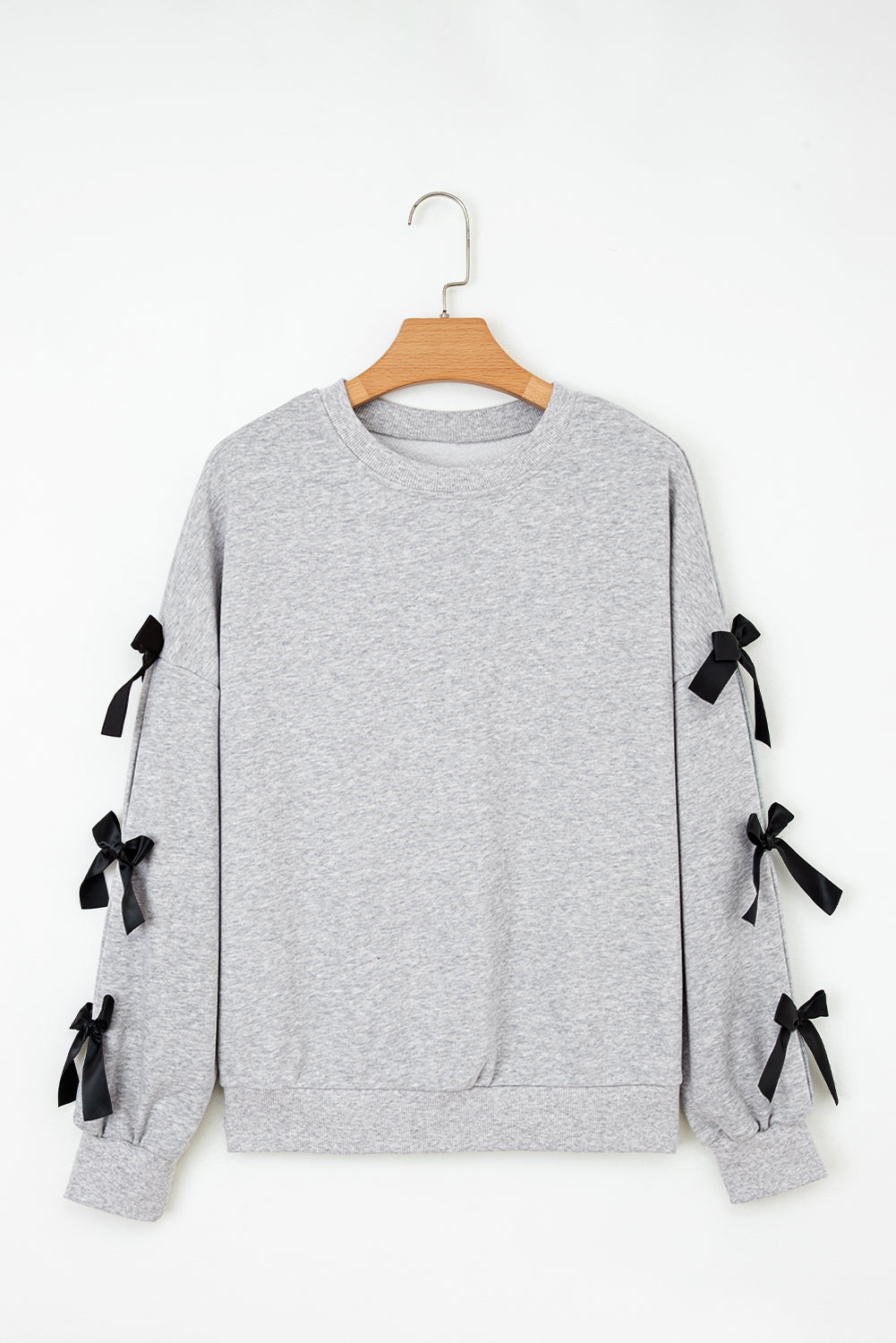 Light Grey Contrast Bow Applique Drop Sleeve Round Neck Sweatshirt 🇺🇸