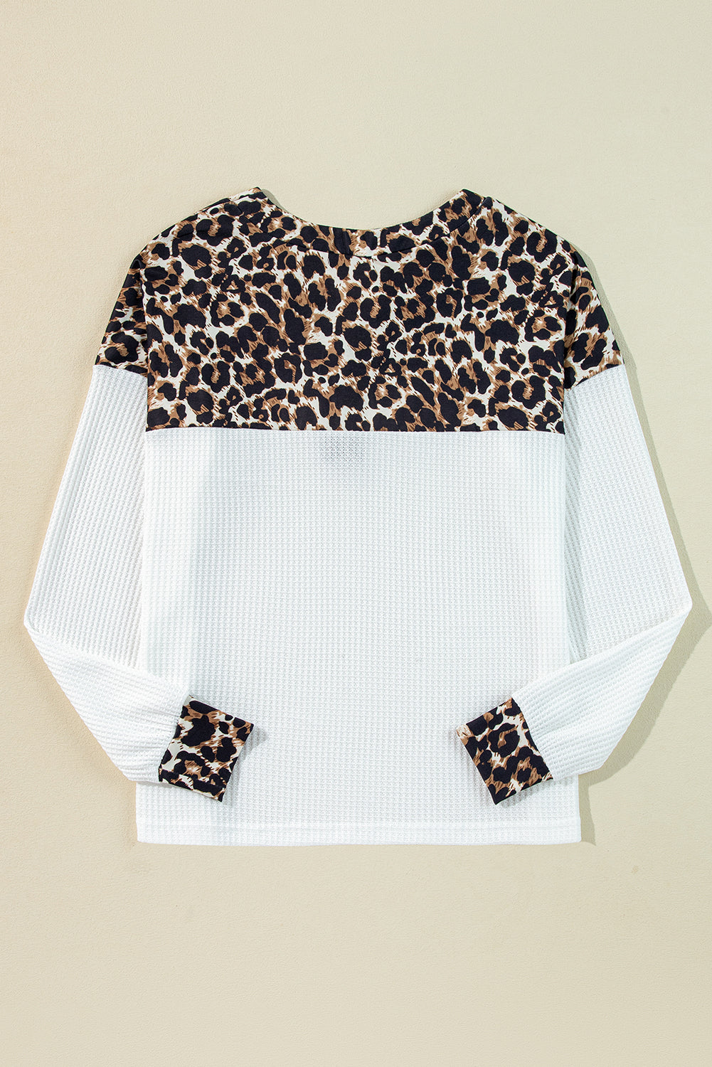White Leopard Waffle Knit Patchwork Button V Neck Top 🇺🇸