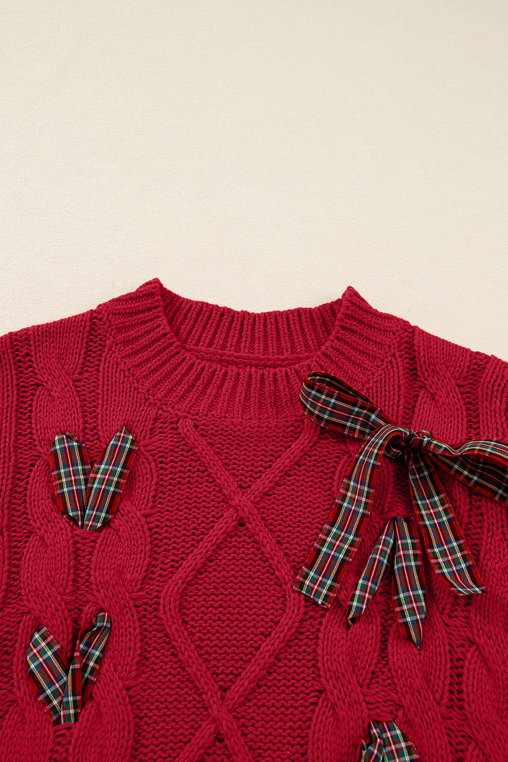 Fiery Red Plaid Lace up Detail Christmas Holiday Puff Short Sleeve Sweater 🇺🇸