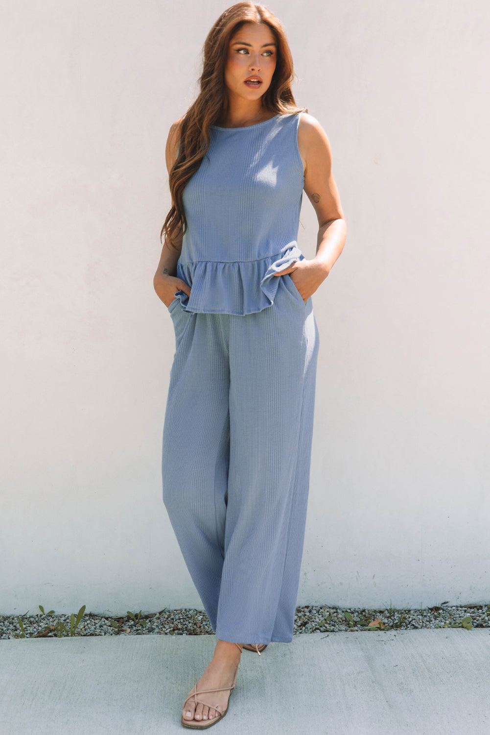 Beau Blue Solid Color Ribbed Ruffle Tank Top and Pants Set 🇨🇳