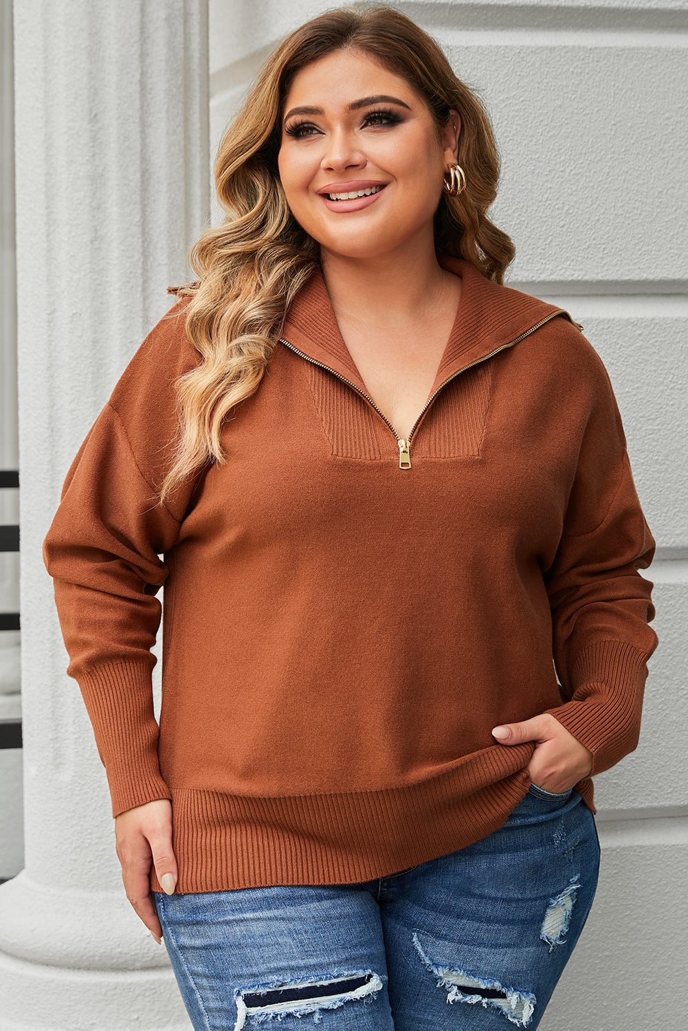 Brown Solid Ribbed Trim Plus Size Zip Collar Sweater 🇺🇸