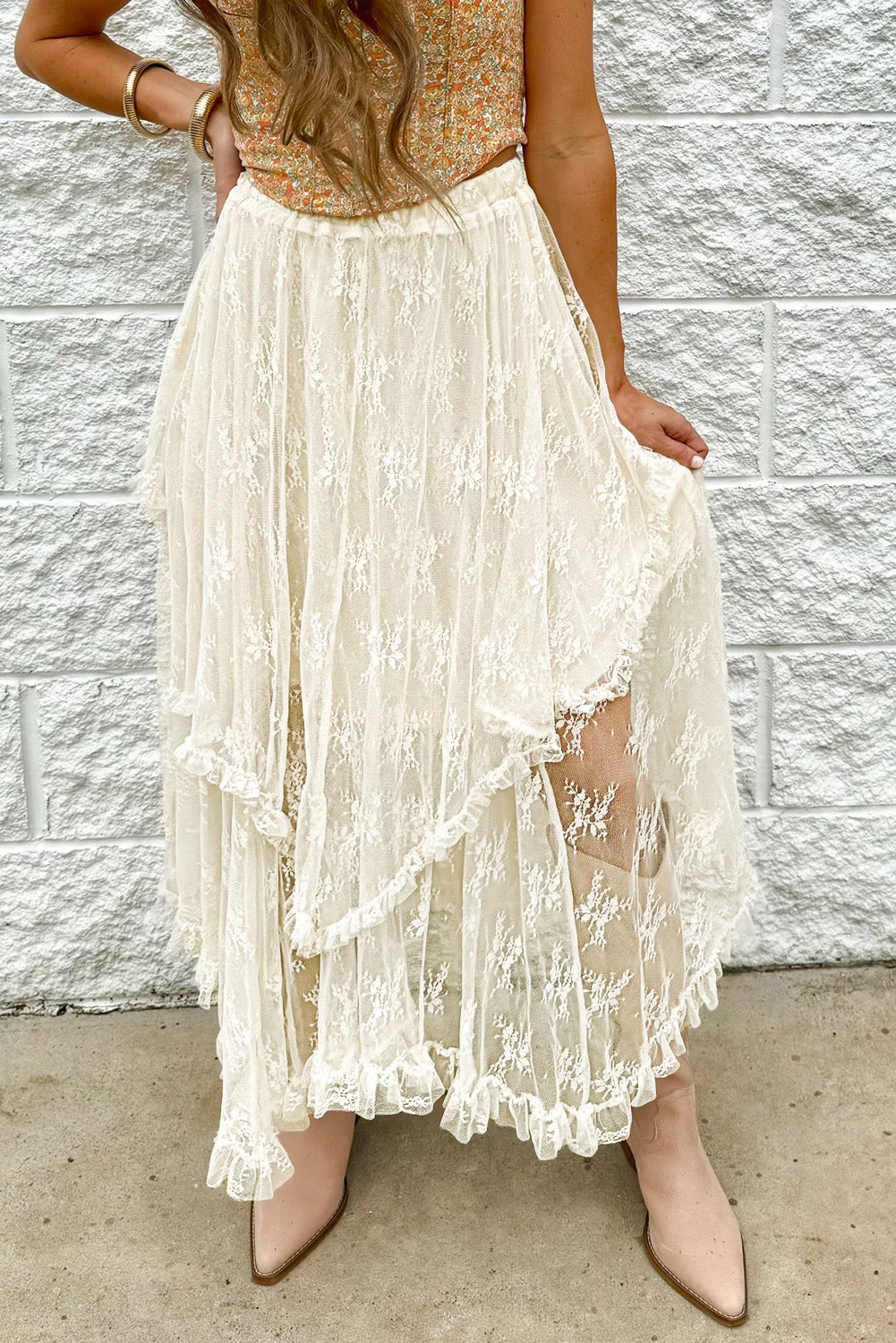 Beige Lace Cascading Tiered High Waist Maxi Skirt 🇨🇳