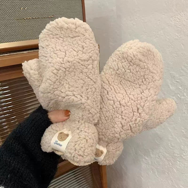 Winter Lambskin Bear Labeling Gloves Women's Halter 🇨🇳