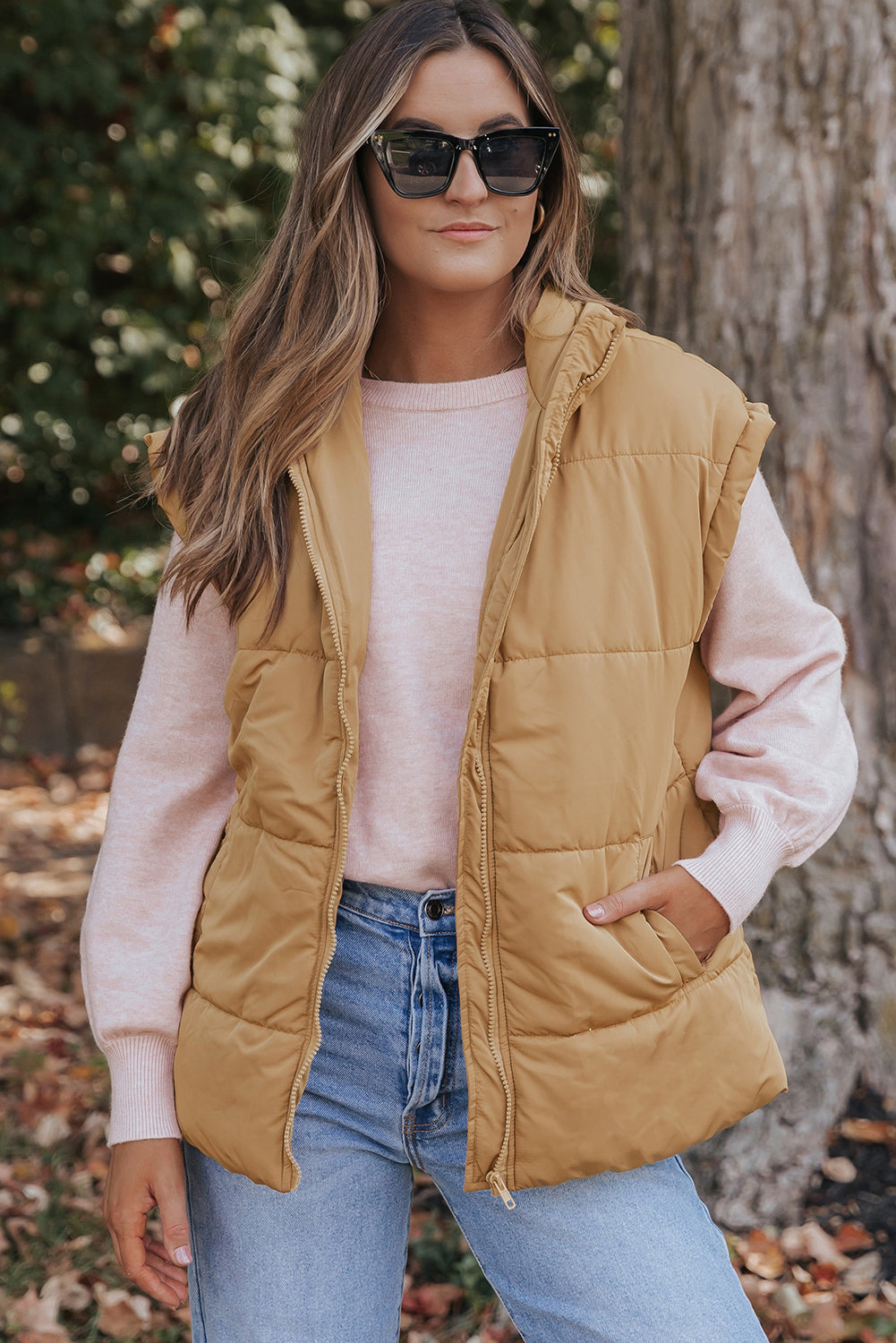 Khaki Oversized Stand Collar Zip Winter Vest 🇺🇸