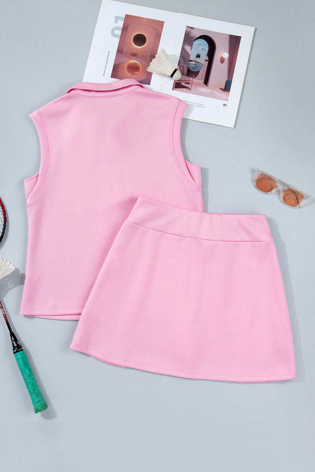 Pink Solid Color Sleeveless Zipper Tank and Skort Set