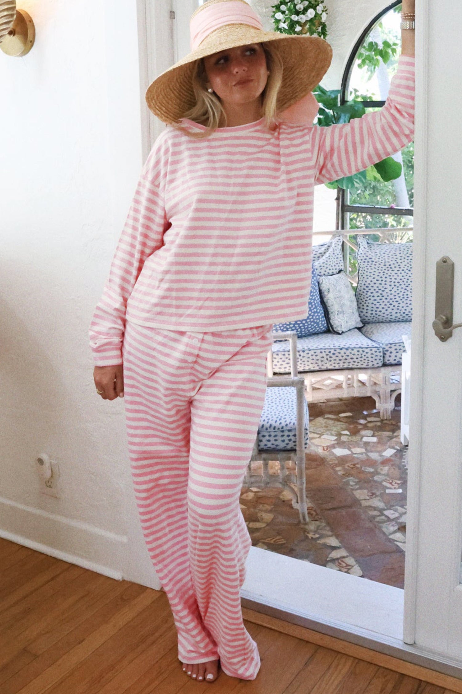 Pink Stripe Drop Shoulder Round Neck Top and Buttoned Straight Pants Two Piece Set 🇺🇸