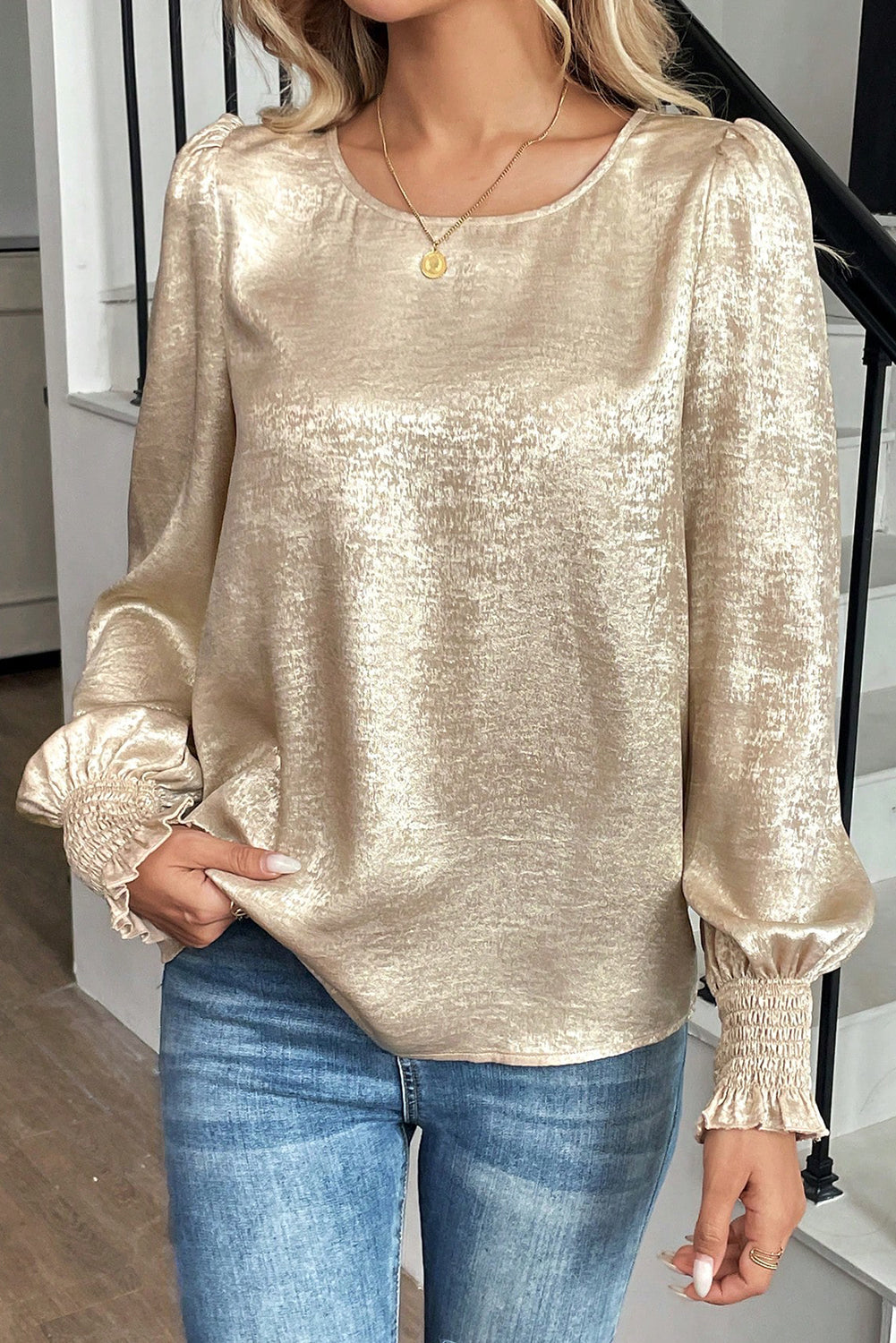 Apricot Metallic Round Neck Smocked Long Sleeve Blouse 🇺🇸