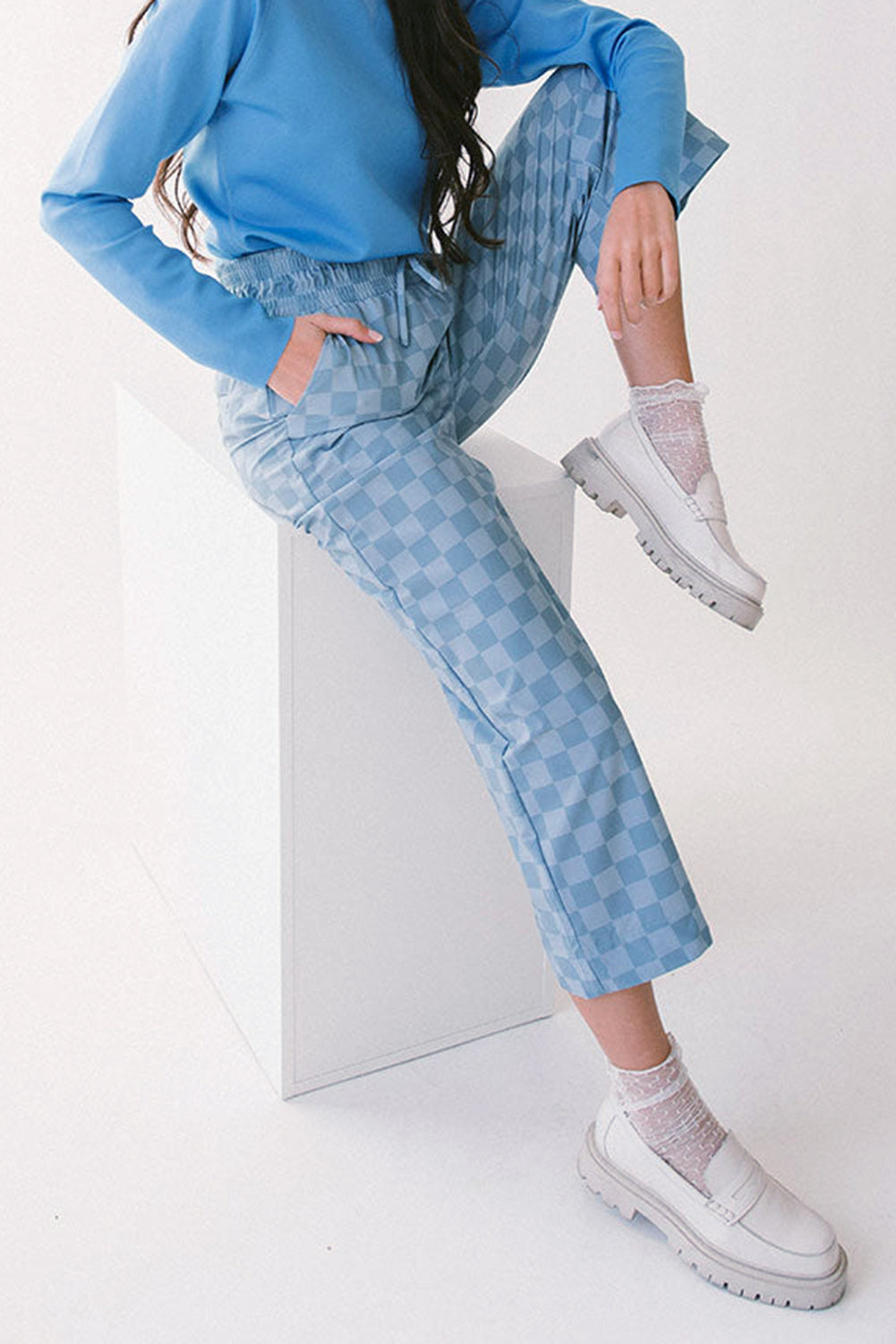 Sky Blue Checkered Elastic High Waist Loose Casual Pants 🇨🇳