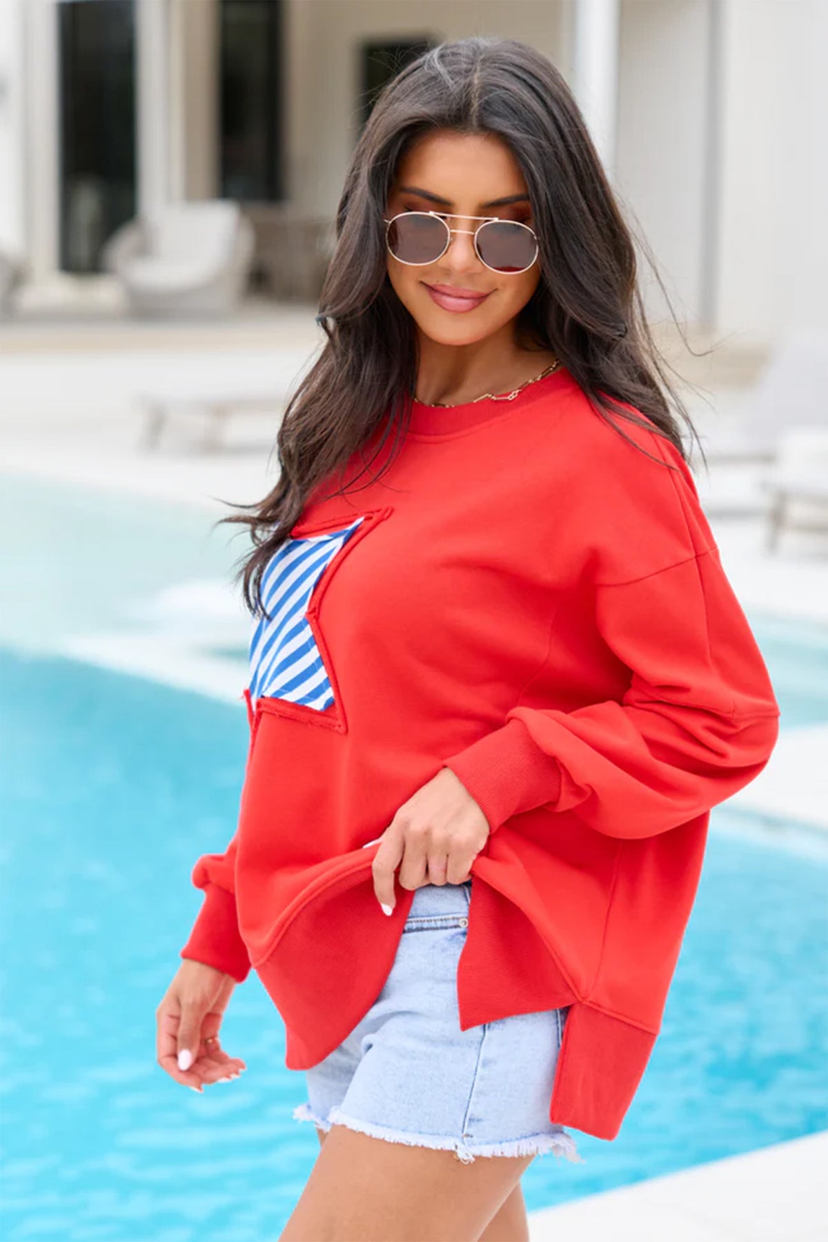 Fiery Red Patch Embroidery Star Colorblock Plus Size Sweatshirt 🇺🇸