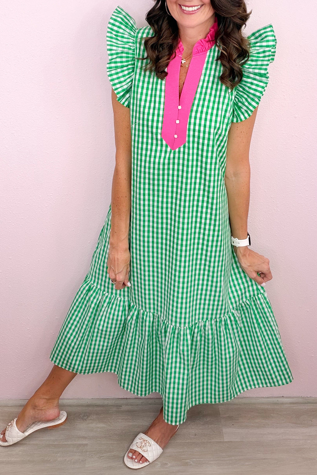 Bright Green Summer Color-Blocked Plaid Pattern Midi Dress 🇺🇸
