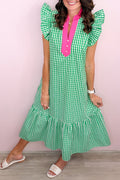 Bright Green Summer Color-Blocked Plaid Pattern Midi Dress 🇺🇸