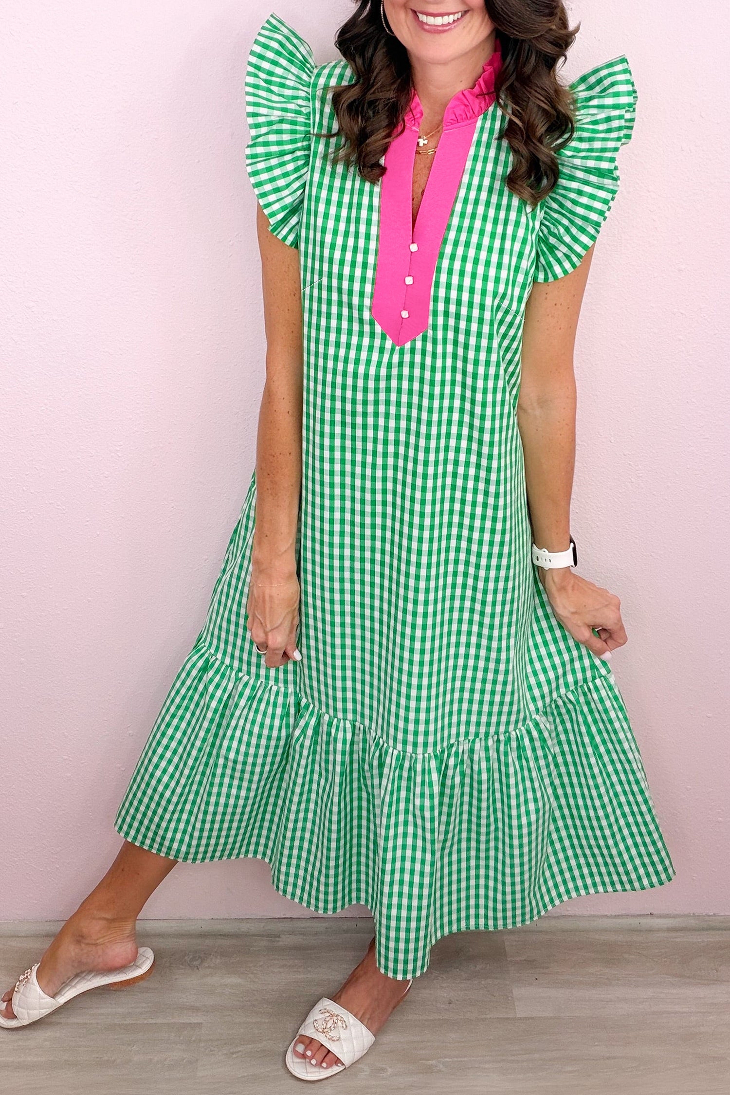 Bright Green Summer Color-Blocked Plaid Pattern Midi Dress 🇺🇸