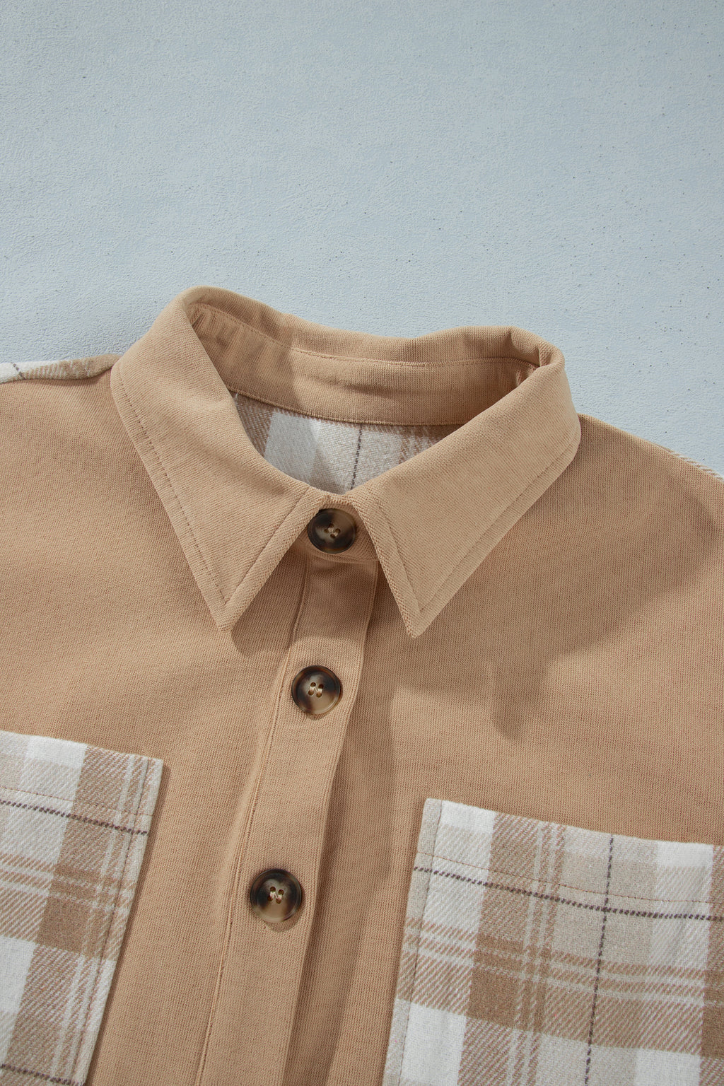 Light French Beige Plaid Colorblock Shirt Collar Shift Shacket 🇺🇸