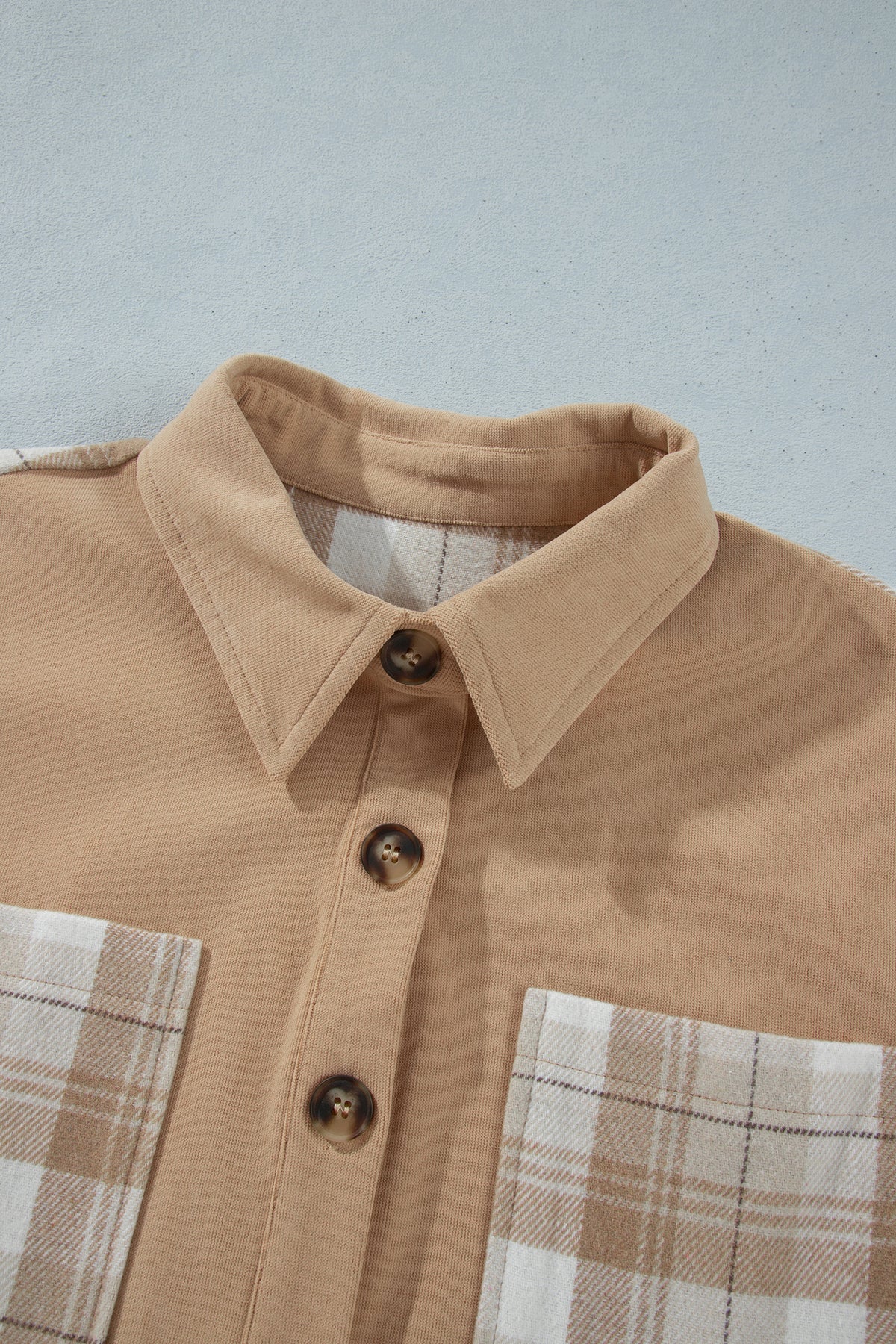 Light French Beige Plaid Colorblock Shirt Collar Shift Shacket 🇺🇸