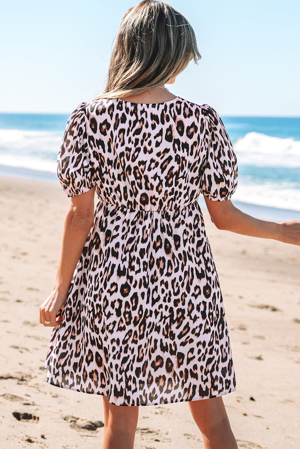 Brown Leopard Tied Front Keyhole Puff Short Sleeve Mini Dress 🇨🇳