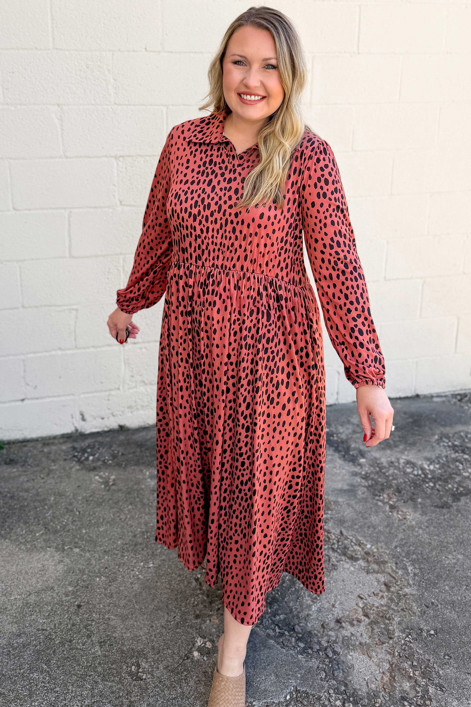 Red Leopard Print Long Sleeve V Neck Plus Size Midi Dress 🇺🇸