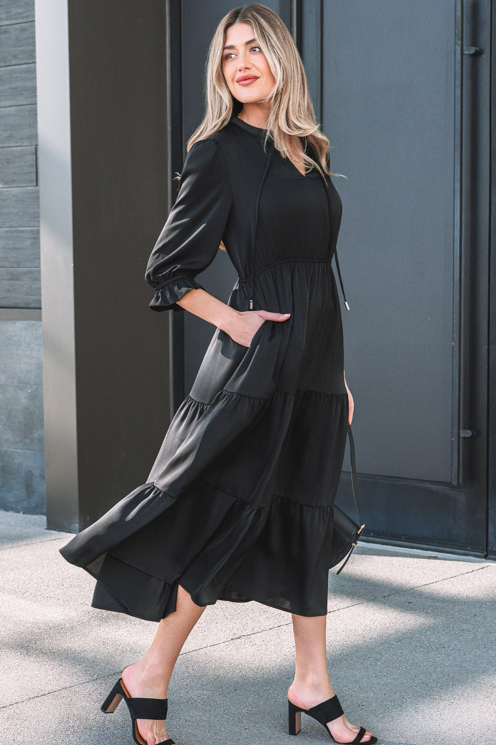 Black Flounced Bracelet Sleeve V Neck Tiered Maxi Dress 🇺🇸