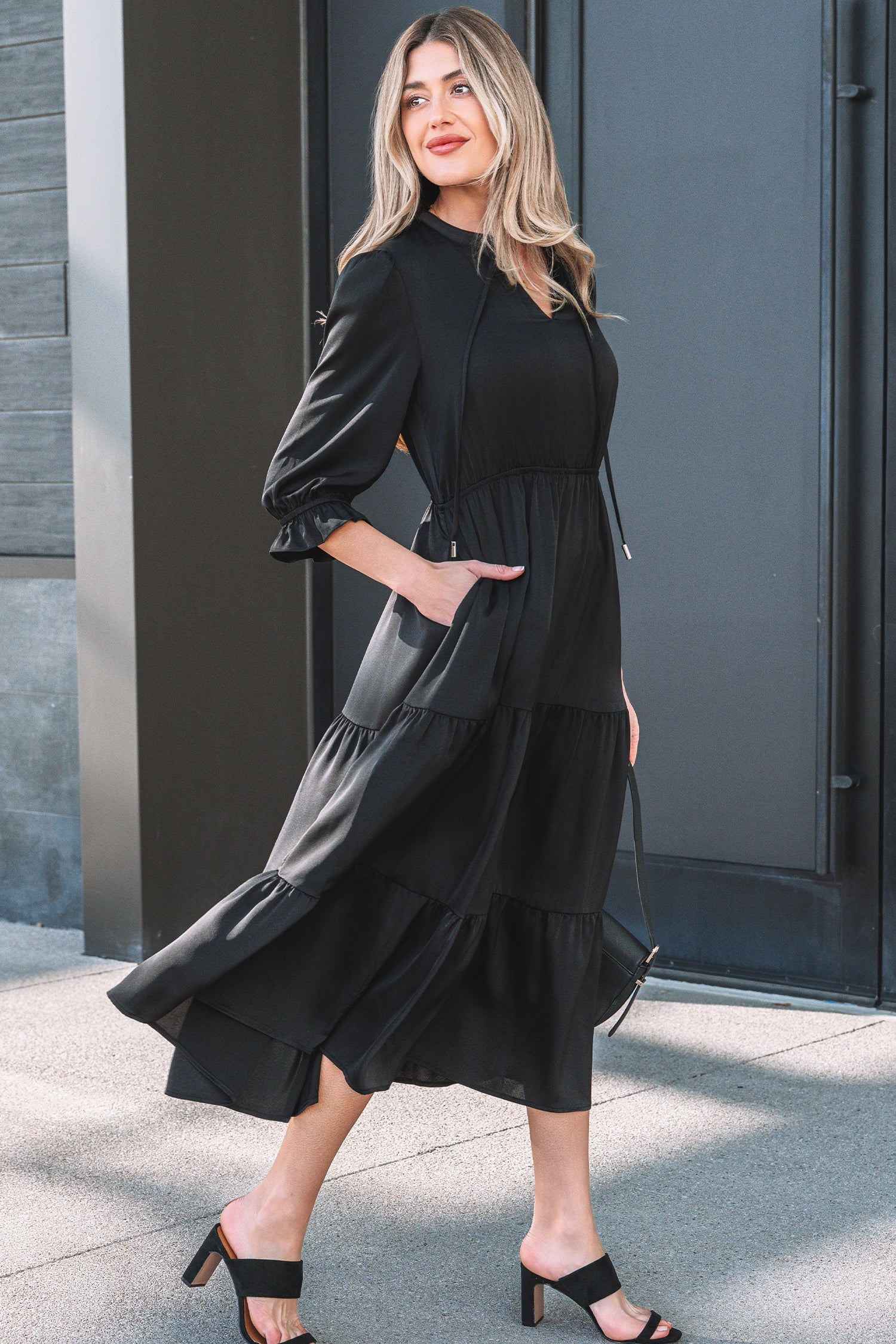 Black Flounced Bracelet Sleeve V Neck Tiered Maxi Dress 🇺🇸