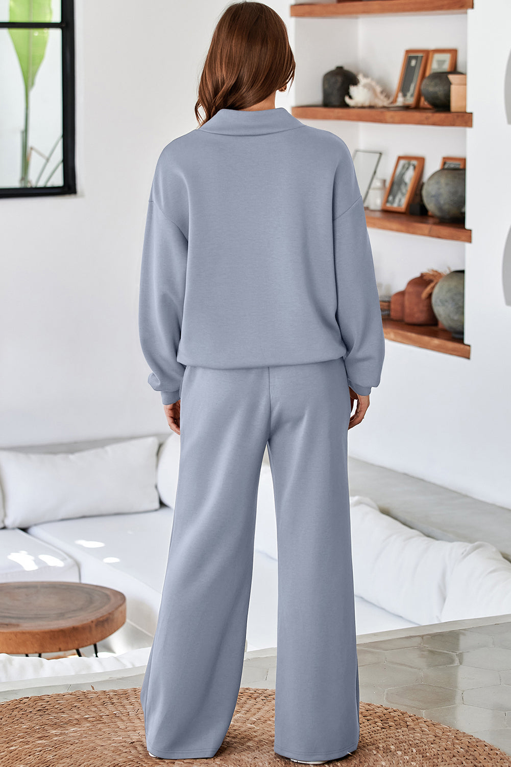 Dusk Blue Solid Color Cowl Neck Drawstring Pullover Wide Leg Athleisure Pants Set 🇺🇸